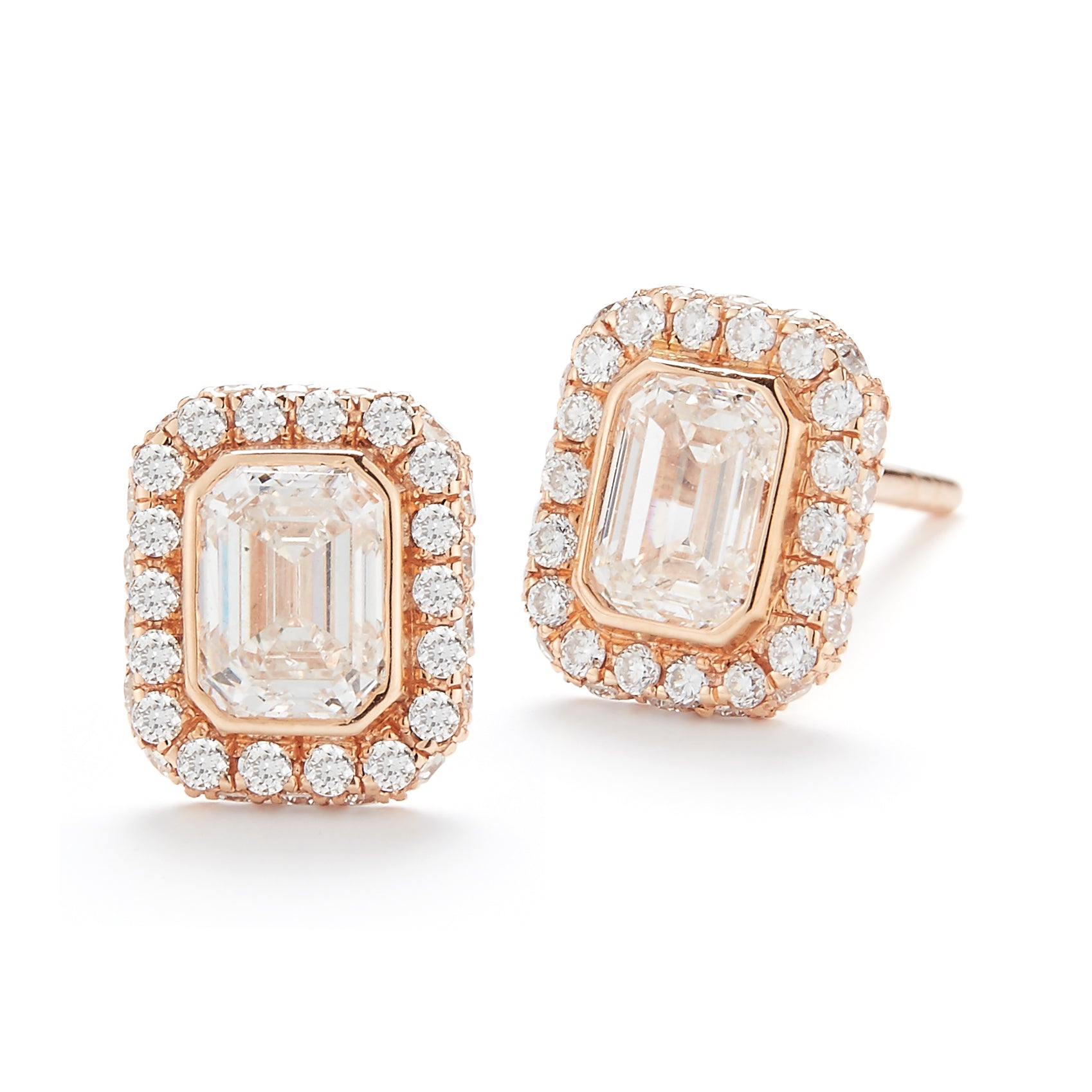 Diamond Halo Stud Earrings, Rose Gold Emerald Cut - Talisman Collection Fine Jewelers