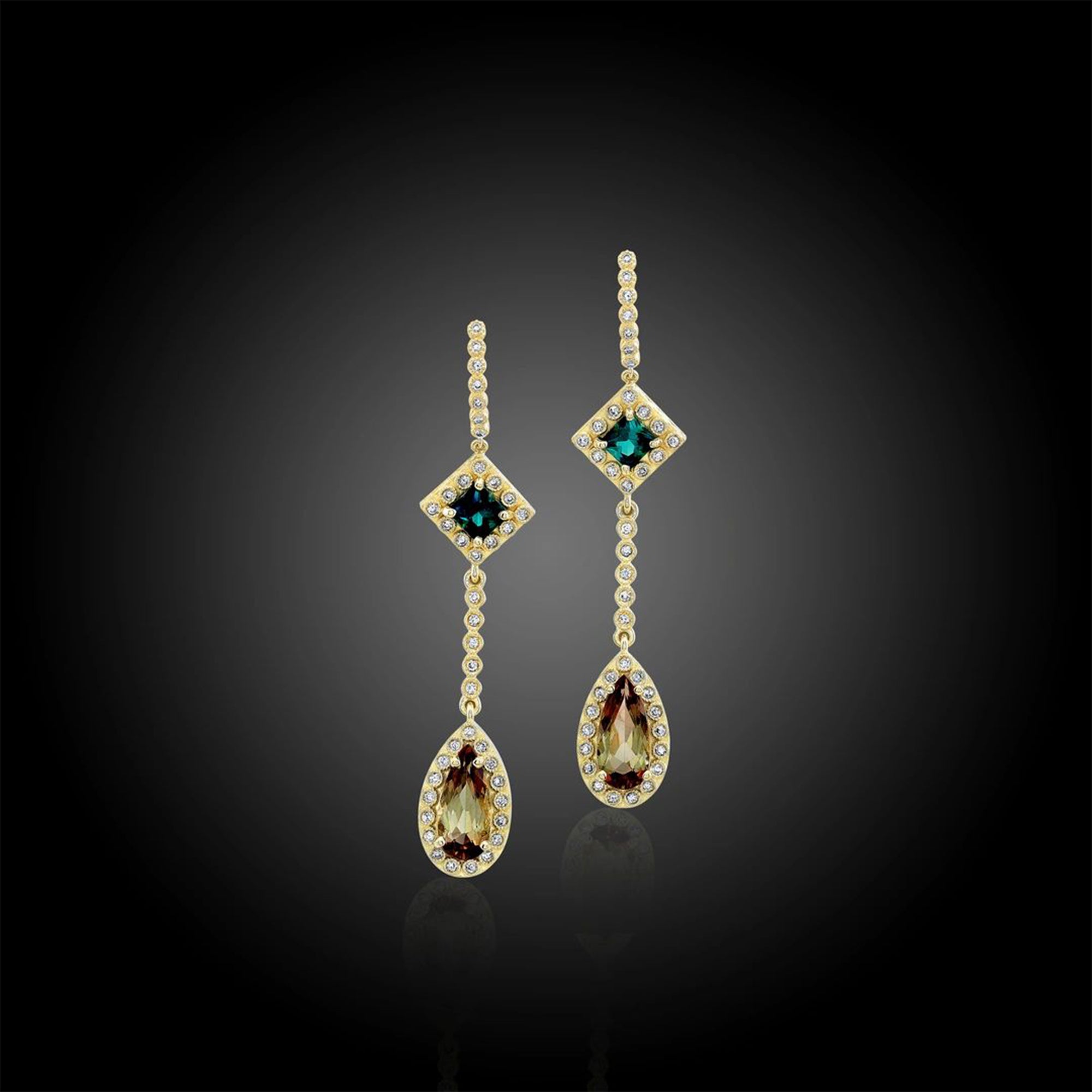 Andalusite, Indicolite and Diamond, 18k Yellow Gold Earrings - Talisman Collection Fine Jewelers