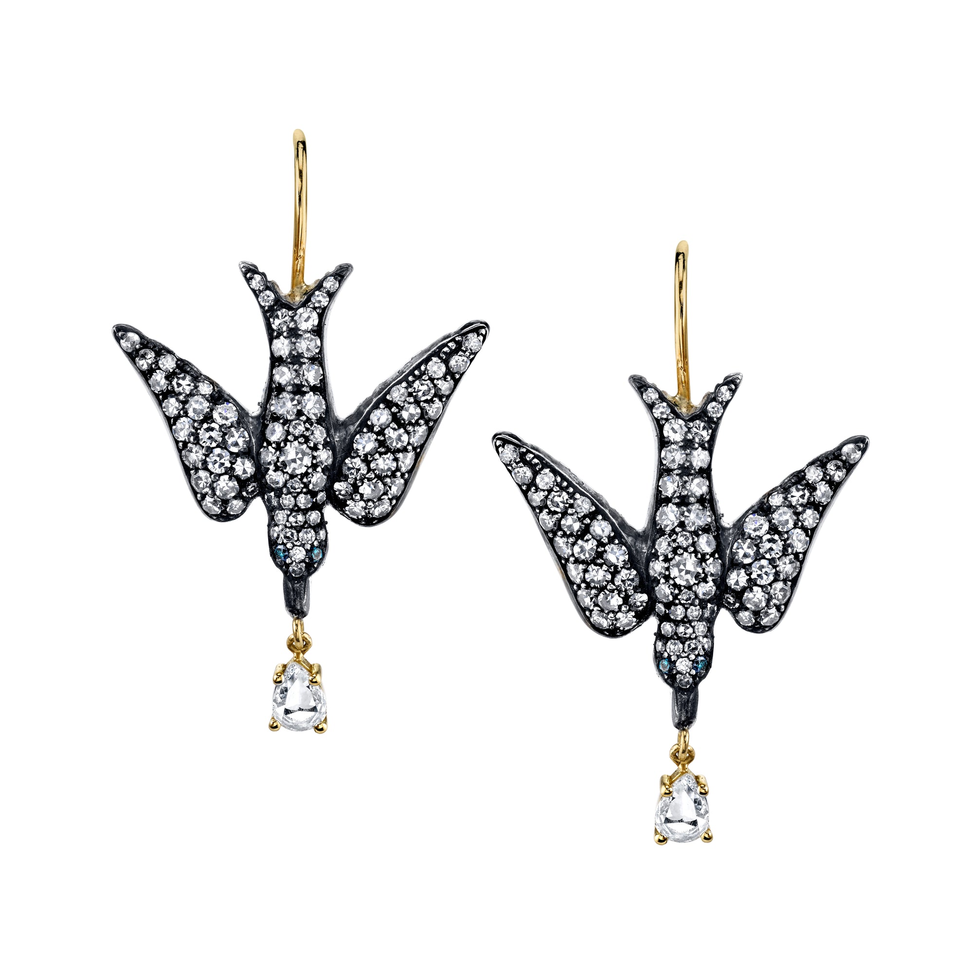 18k Yellow Gold Bird Earrings with Diamond Drops by Lord Jewelry - Talisman Collection Fine Jewelers