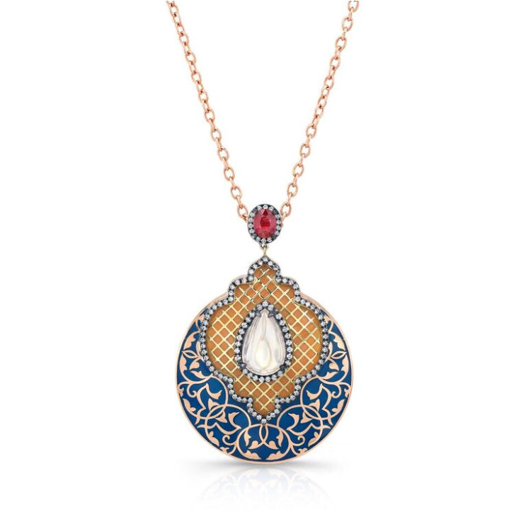18k Yellow Gold Moonstone and Ruby Enamel Pendant by Lord Jewelry - Talisman Collection Fine Jewelers