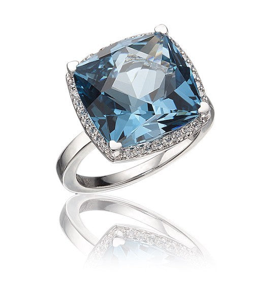 17mm Square-Cut London Blue Topaz and Diamond Ring by Lisa Nik - Talisman Collection Fine Jewelers
