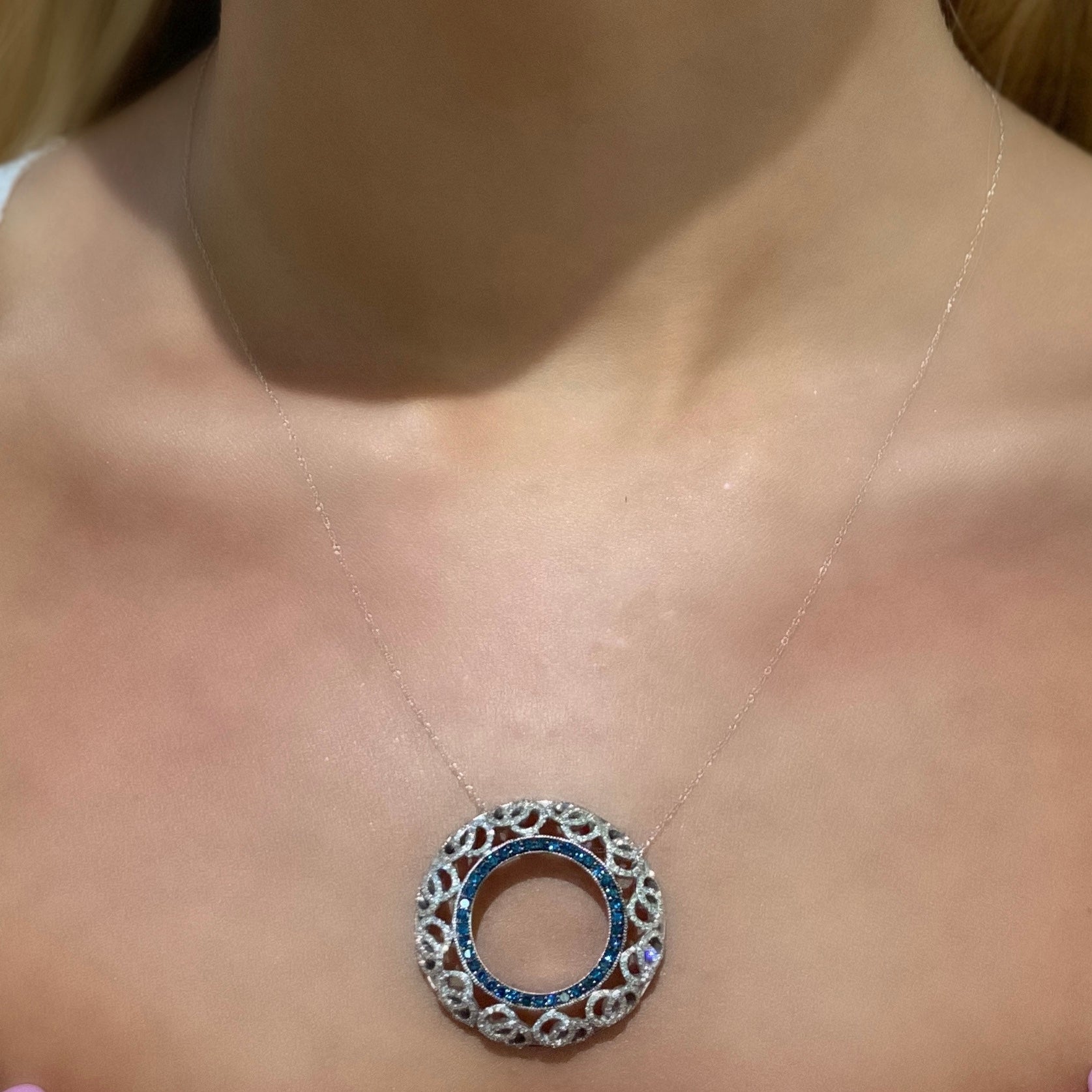 White Diamond Open Swirl Necklace with Blue Diamonds - Talisman Collection Fine Jewelers