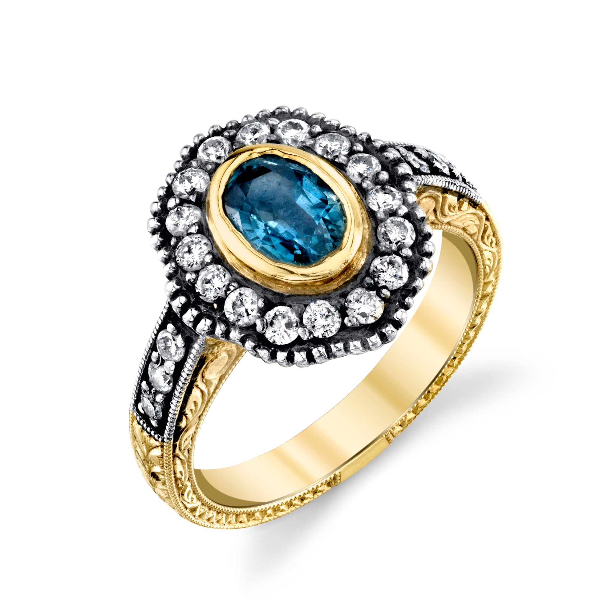14k Yellow Gold, Sapphire, and Diamond Hand Engraved Ring by Lord Jewelry - Talisman Collection Fine Jewelers
