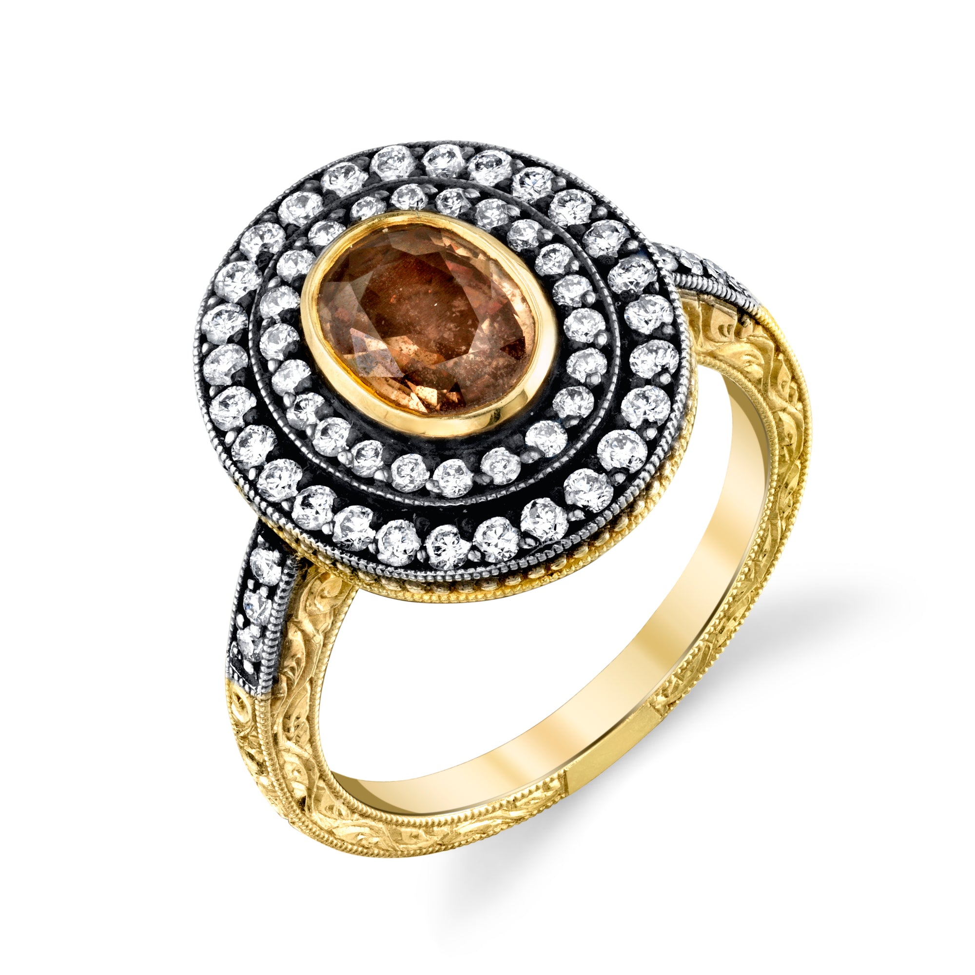 18k Yellow Gold, Brown Sapphire, and Diamond Hand Engraved Ring by Lord Jewelry - Talisman Collection Fine Jewelers