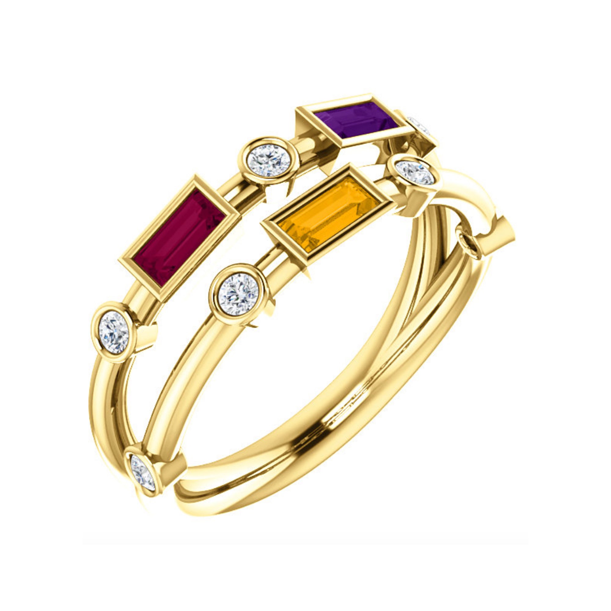 Custom 14k Gold Baguette 3-Stone and Diamond Family Ring - Talisman Collection Fine Jewelers