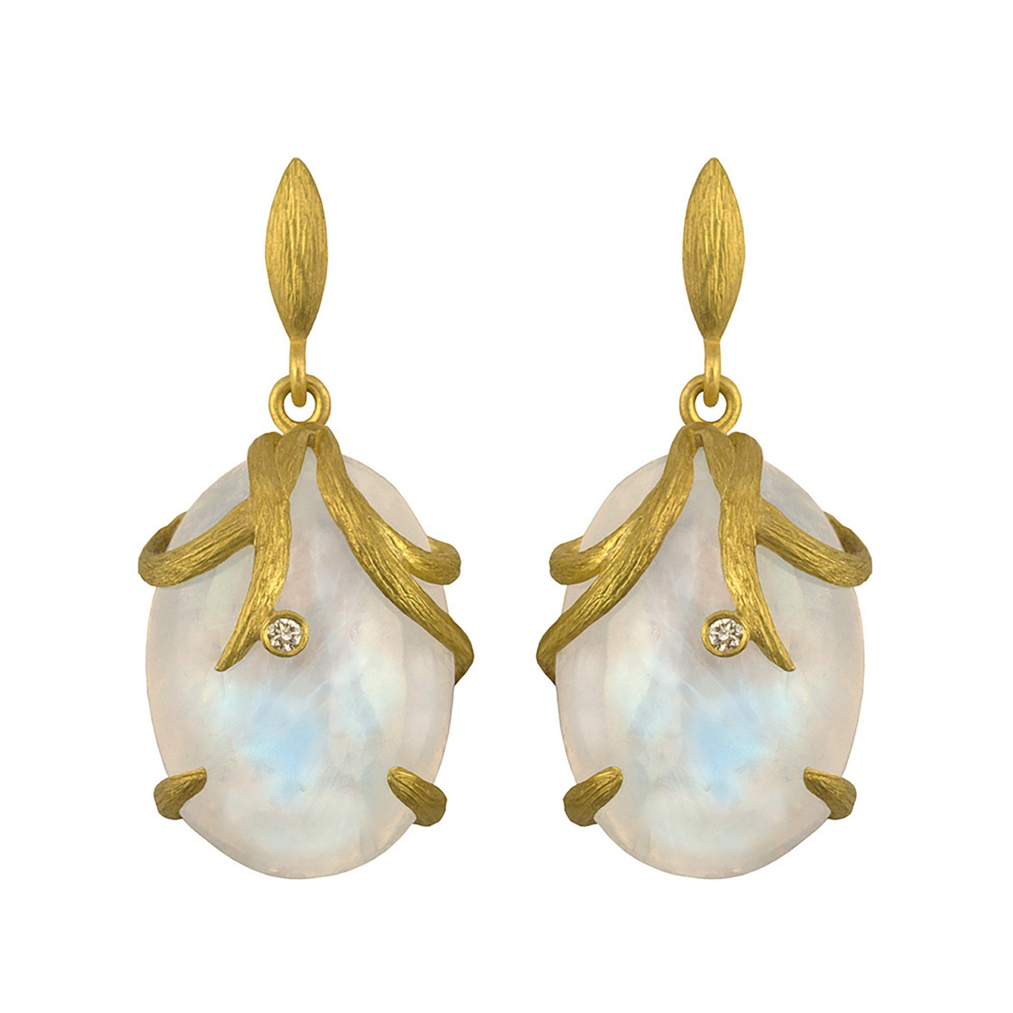 Rainbow Moonstone Vine Wrapped Oval Earrings by Laurie Kaiser available at Talisman Collection Fine Jewelers in El Dorado Hills, CA and online. The combination of rainbow moonstones and white diamonds set in 18k yellow gold creates a stunning yet subtle design that is perfect for everyday wear. With a total diamond weight of 0.03 carats, these earrings will add just the right amount of sparkle to your look.