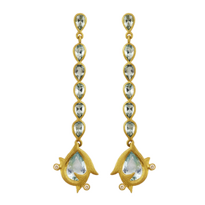 Aquamarine Vine Stick Earrings by Laurie Kaiser available at Talisman Collection Fine Jewelers in El Dorado Hills, CA and online. Expertly crafted in 18k yellow gold, these earrings feature faceted aquamarines and 0.06 carats of white brilliant diamonds. With their elegant and delicate design, they exude sophistication without being too flashy.