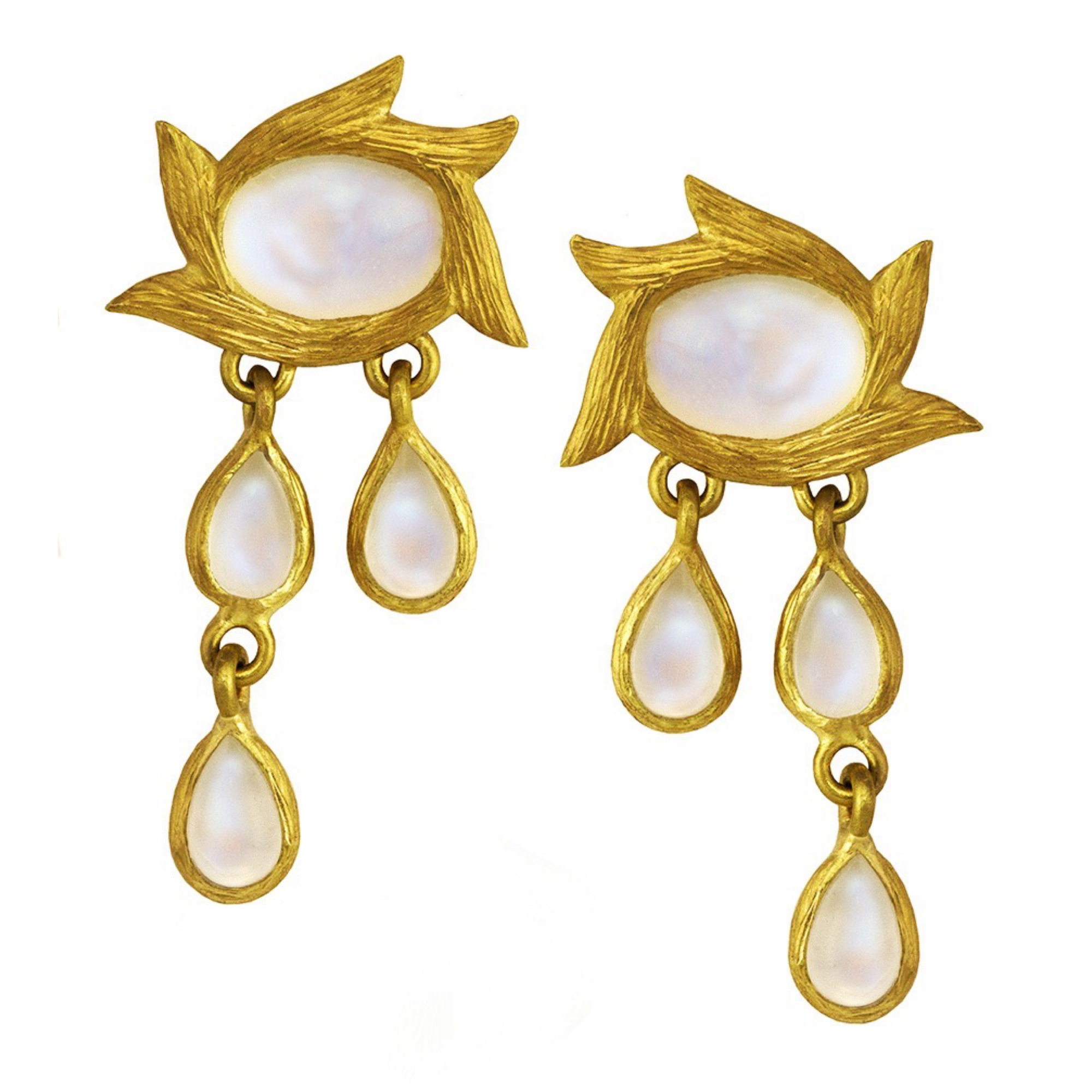 Rainbow Moonstone Star Flower Earrings by Laurie Kaiser available at Talisman Collection Fine Jewelers in El Dorado Hills, CA and online. The Star Flower Earrings are a beautiful blend of modern sophistication and bohemian charm. Three asymmetrical cabochon teardrops gracefully hang from an oval cabochon moonstone framed in 18k yellow gold vines. These earrings are a must-have for any jewelry lover.