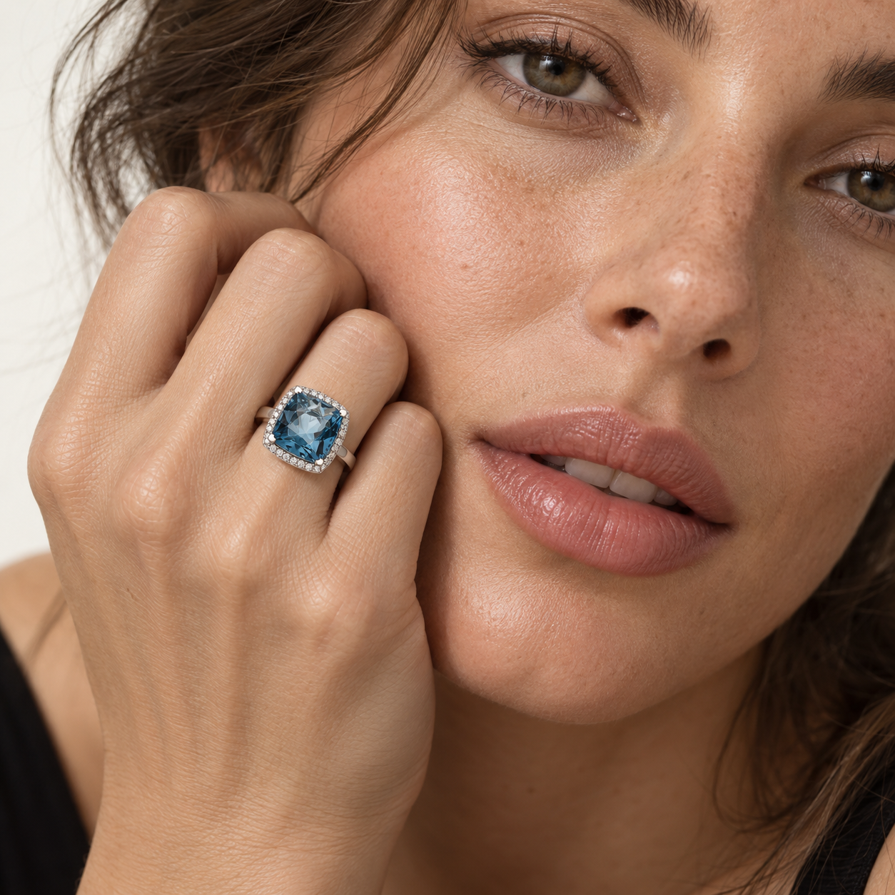 17mm Square-Cut London Blue Topaz and Diamond Ring by Lisa Nik