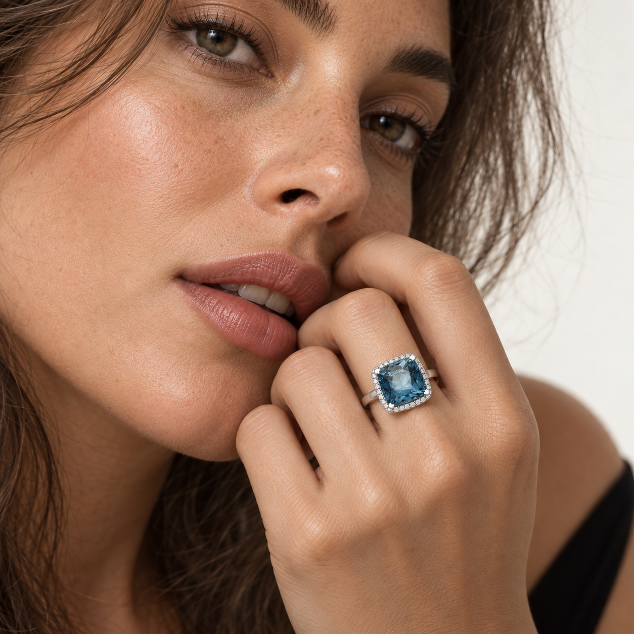 17mm Square-Cut London Blue Topaz and Diamond Ring by Lisa Nik