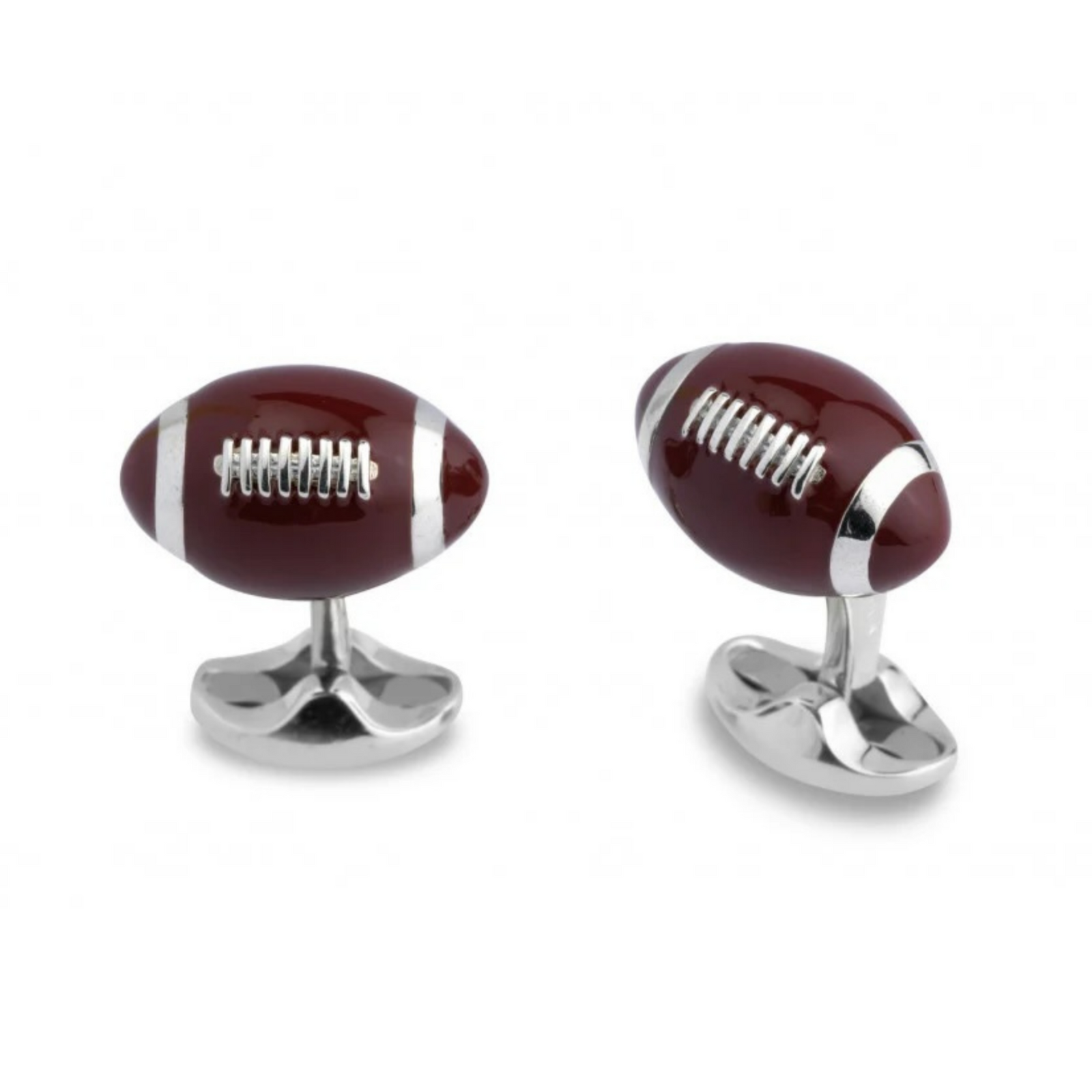 Sterling Silver Football Cufflinks by Deakin & Francis available at Talisman Collection Fine Jewelers in El Dorado Hills, CA and online. Whether it's Superbowl Sunday, or just a plain old Sunday, these sterling silver and brown enameled American Football cufflinks have intricate detailing and are perfect for sports fans and players. Touch down and score some extra style points by engraving the backs.