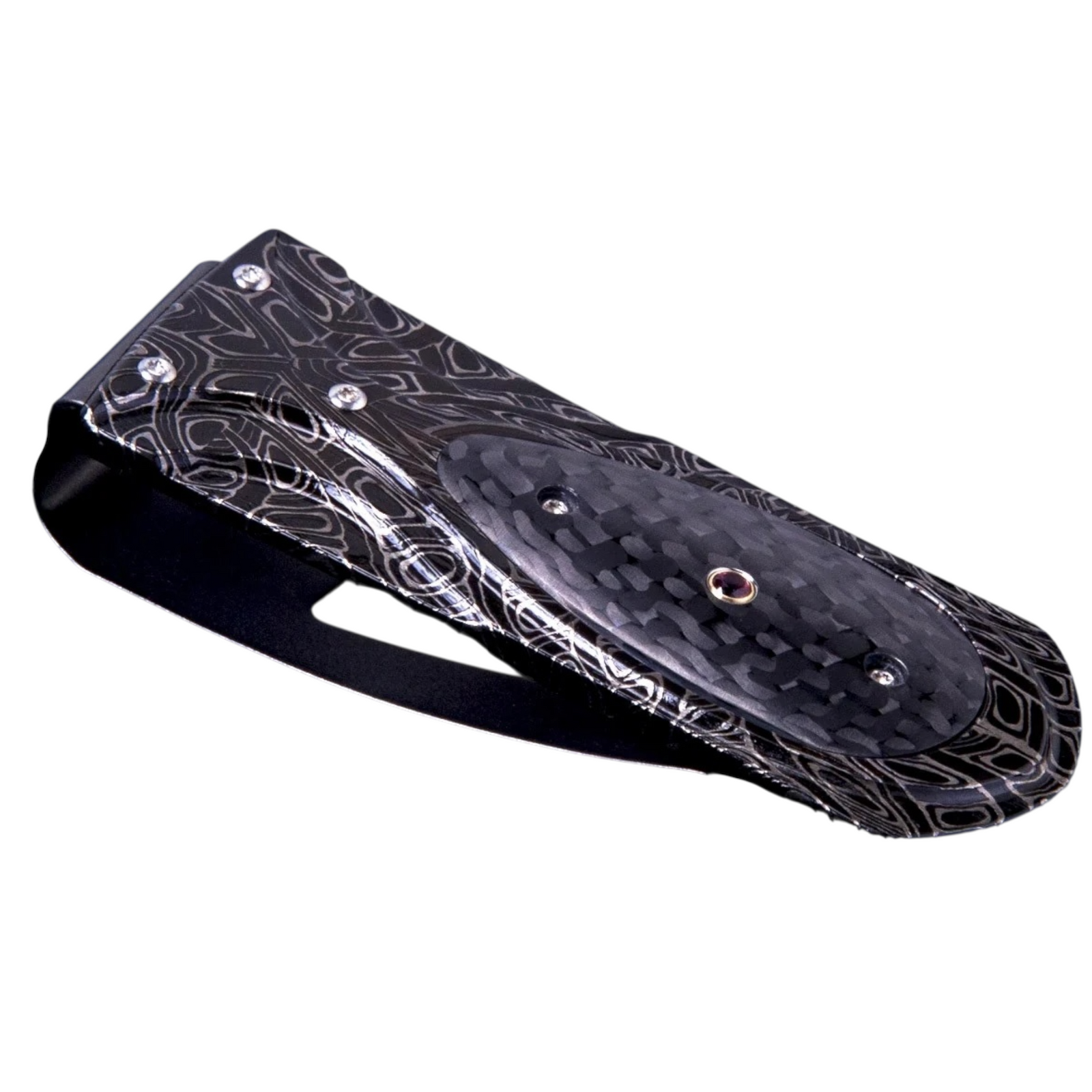 Crbn Fbr/Garnet Zurich 'Raven' Damascus Money Clip by William Henry available at Talisman Collection Fine Jewelers in El Dorado Hills, CA and online