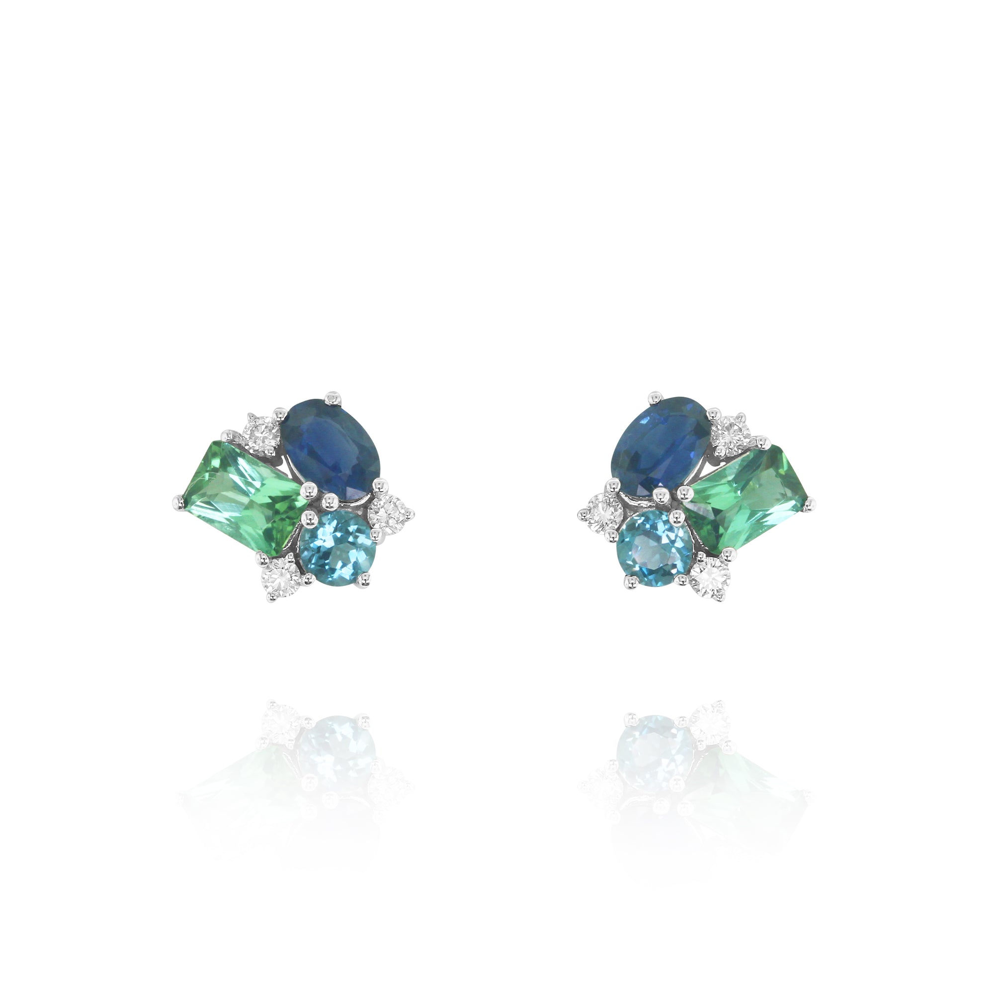 Sapphire, Tourmaline, Topaz & Diamond Earrings by Yael available at Talisman Collection Fine Jewelers in El Dorado Hills, CA and online. Perfect little pops of color, these soft, cool toned earrings are perfect for every day. They feature 1.10 cts of blue sapphires, 0.98 cts of rad green tourmalines, 0.55 cts of blue topaz and 0.18 cts of white diamonds set in 14k white gold. And for a lovely matched set, consider the coordinating understated necklace.