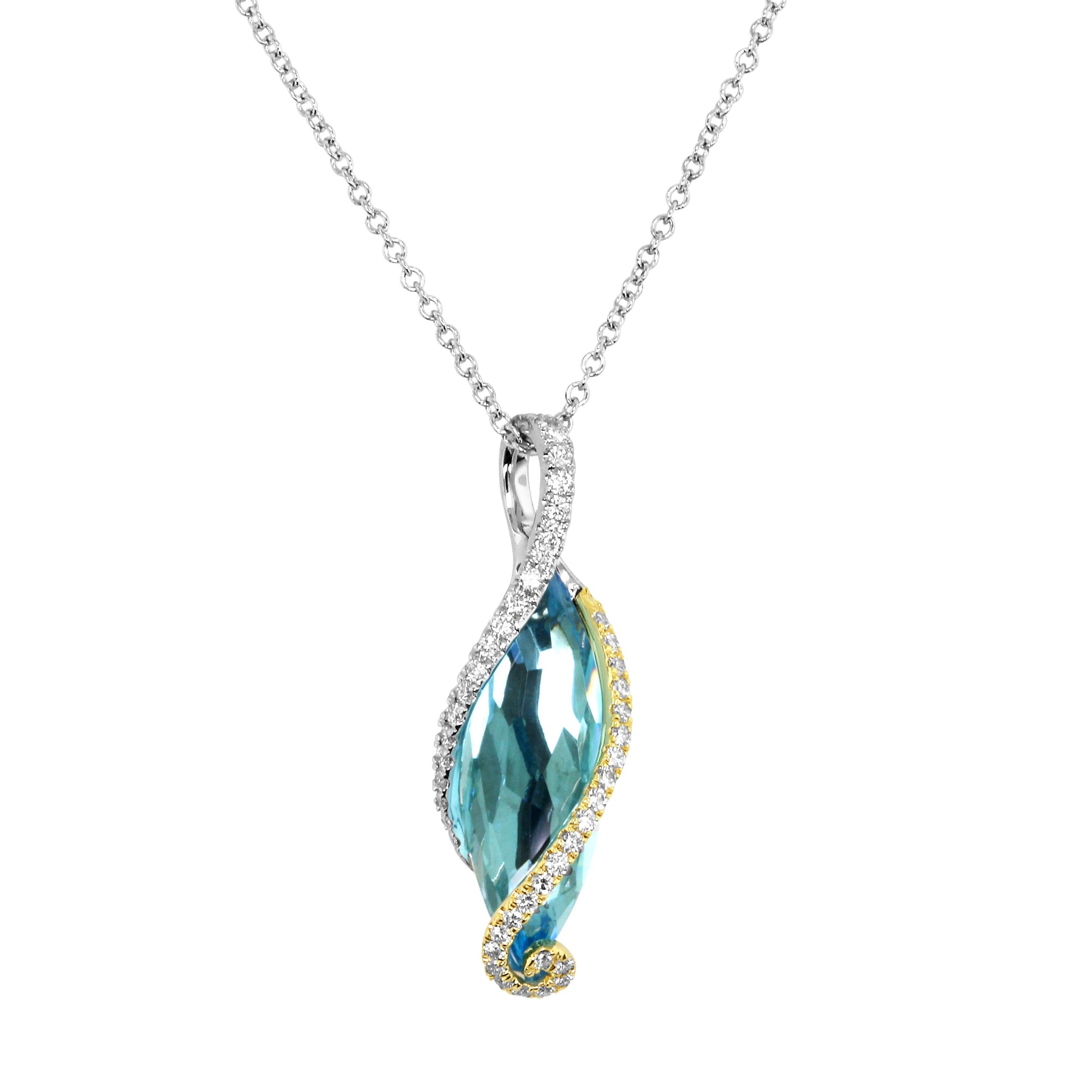 Bring out your inner ice goddess with this beautifully faceted, and richly colored Swiss blue topaz pendant necklace. The marquee cut gem weighs 5.90 cts and is wrapped with ribbons of 14k yellow and white gold set with 0.36 ct of white diamonds. It delicately hangs from a 16" white gold chain. 