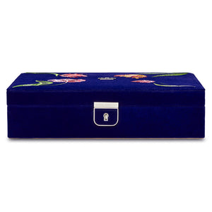 Royal Asscher Royal Asscher Medium Jewelry Box by Wolf available at Talisman Collection Fine Jewelers in El Dorado Hills, CA and online. The Medium Jewellery Box features deep blue velvet exterior with elaborate tulip embroidery inside and out, the medium jewellery box with removable travel case, displays and organises your jewellery in style. Includes LusterLoc™ anti-tarnish lining and lock & key with silver finish.