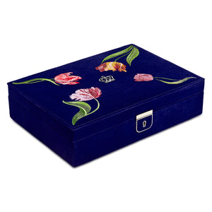 Royal Asscher Royal Asscher Medium Jewelry Box by Wolf available at Talisman Collection Fine Jewelers in El Dorado Hills, CA and online. The Medium Jewellery Box features deep blue velvet exterior with elaborate tulip embroidery inside and out, the medium jewellery box with removable travel case, displays and organises your jewellery in style. Includes LusterLoc™ anti-tarnish lining and lock & key with silver finish.