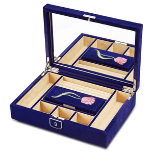 Royal Asscher Royal Asscher Medium Jewelry Box by Wolf available at Talisman Collection Fine Jewelers in El Dorado Hills, CA and online. The Medium Jewellery Box features deep blue velvet exterior with elaborate tulip embroidery inside and out, the medium jewellery box with removable travel case, displays and organises your jewellery in style. Includes LusterLoc™ anti-tarnish lining and lock & key with silver finish.