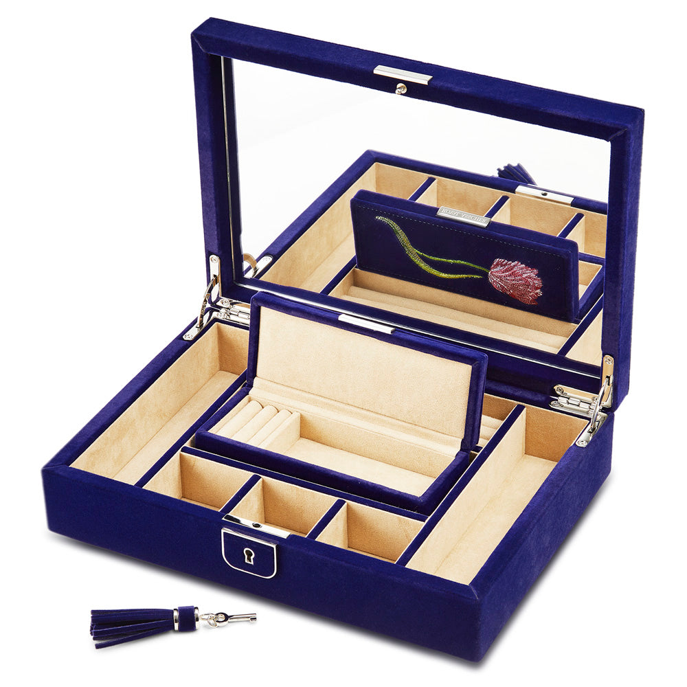 Royal Asscher Royal Asscher Medium Jewelry Box by Wolf available at Talisman Collection Fine Jewelers in El Dorado Hills, CA and online. The Medium Jewellery Box features deep blue velvet exterior with elaborate tulip embroidery inside and out, the medium jewellery box with removable travel case, displays and organises your jewellery in style. Includes LusterLoc™ anti-tarnish lining and lock & key with silver finish.