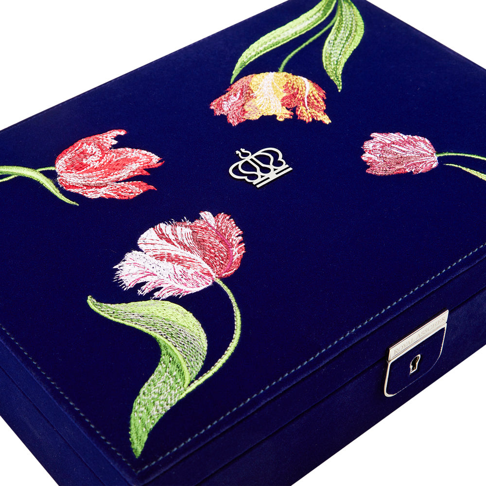 Royal Asscher Royal Asscher Medium Jewelry Box by Wolf available at Talisman Collection Fine Jewelers in El Dorado Hills, CA and online. The Medium Jewellery Box features deep blue velvet exterior with elaborate tulip embroidery inside and out, the medium jewellery box with removable travel case, displays and organises your jewellery in style. Includes LusterLoc™ anti-tarnish lining and lock & key with silver finish.