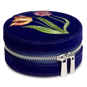 Royal Asscher Round  Jewelry Zip Case by Wolf available at Talisman Collection Fine Jewelers in El Dorado Hills, CA and online. Royal Asscher Diamond Company Square Jewellery Zip Case features deep blue velvet with elaborate tulip embroidery exterior, mirror, storage and hidden necklace hook section to organise your jewellery in style. Includes LusterLoc™ anti-tarnish lining and silver finish zip and details.