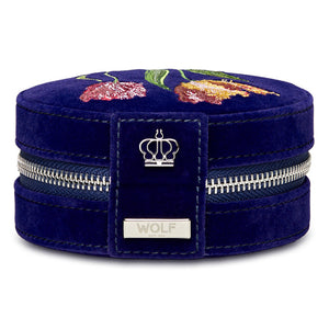 Royal Asscher Round  Jewelry Zip Case by Wolf available at Talisman Collection Fine Jewelers in El Dorado Hills, CA and online. Royal Asscher Diamond Company Square Jewellery Zip Case features deep blue velvet with elaborate tulip embroidery exterior, mirror, storage and hidden necklace hook section to organise your jewellery in style. Includes LusterLoc™ anti-tarnish lining and silver finish zip and details.