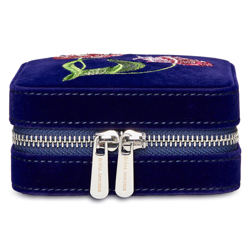 Royal Asscher Square Jewelry Zip Case by Wolf available at Talisman Collection Fine Jewelers in El Dorado Hills, CA and online. Royal Asscher Diamond Company Square Jewellery Zip Case features deep blue velvet with elaborate tulip embroidery exterior, mirror, storage and hidden necklace hook section to organise your jewellery in style. Includes LusterLoc™ anti-tarnish lining and silver finish zip and details.