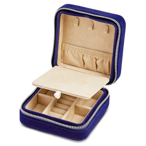 Royal Asscher Square Jewelry Zip Case by Wolf available at Talisman Collection Fine Jewelers in El Dorado Hills, CA and online. Royal Asscher Diamond Company Square Jewellery Zip Case features deep blue velvet with elaborate tulip embroidery exterior, mirror, storage and hidden necklace hook section to organise your jewellery in style. Includes LusterLoc™ anti-tarnish lining and silver finish zip and details.