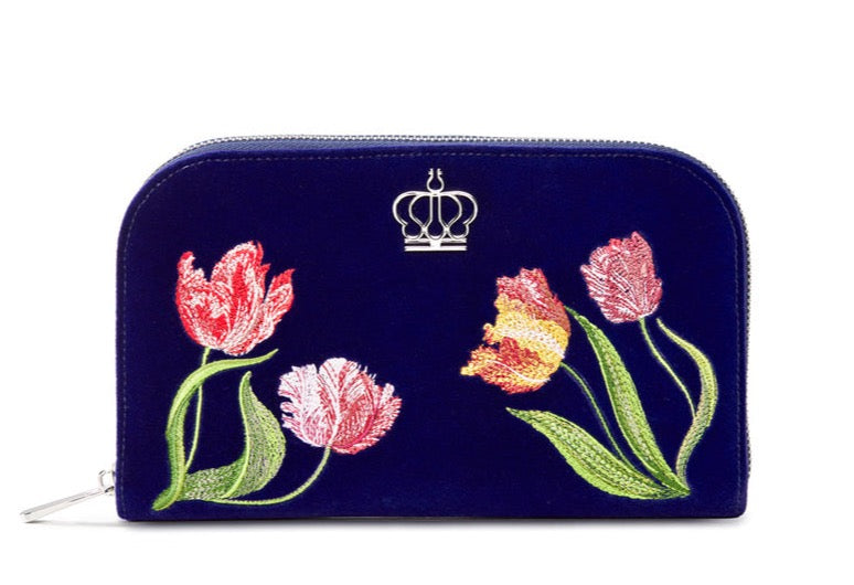 Royal Asscher Round  Portfolio by Wolf available at Talisman Collection Fine Jewelers in El Dorado Hills, CA and online. The Jewellery Portfolio features deep blue velvet exterior with elaborate tulip embroidered exterior, multiple storage compartments for rings, earrings and necklaces to organise your jewellery in style. Includes LusterLoc™ anti-tarnish lining and silver finish zip and details.