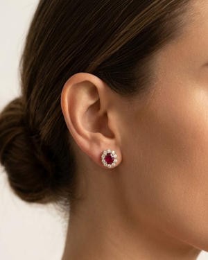 Royal Jewelry Ruby & Diamond Halo Stud Earrings