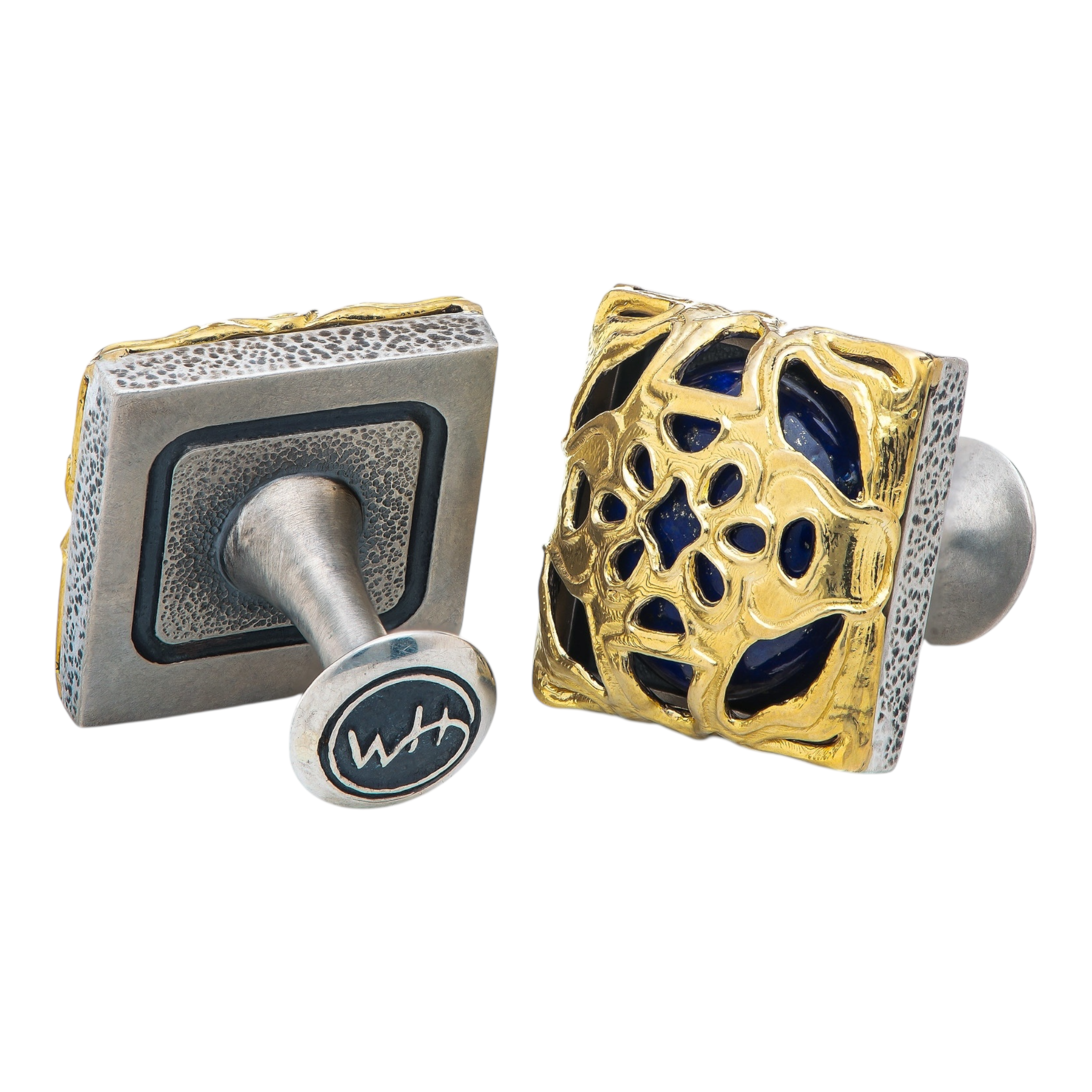 18kt Yellow Gold/Sterling Silver/Lapis Lazuli 'Lotus' Cufflinks by William Henry available at Talisman Collection Fine Jewelers in El Dorado Hills, CA and online
