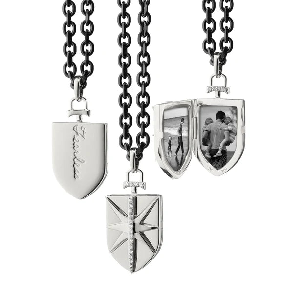 Fearless Shield Locket with White Sapphires by Monica Rich Kosann