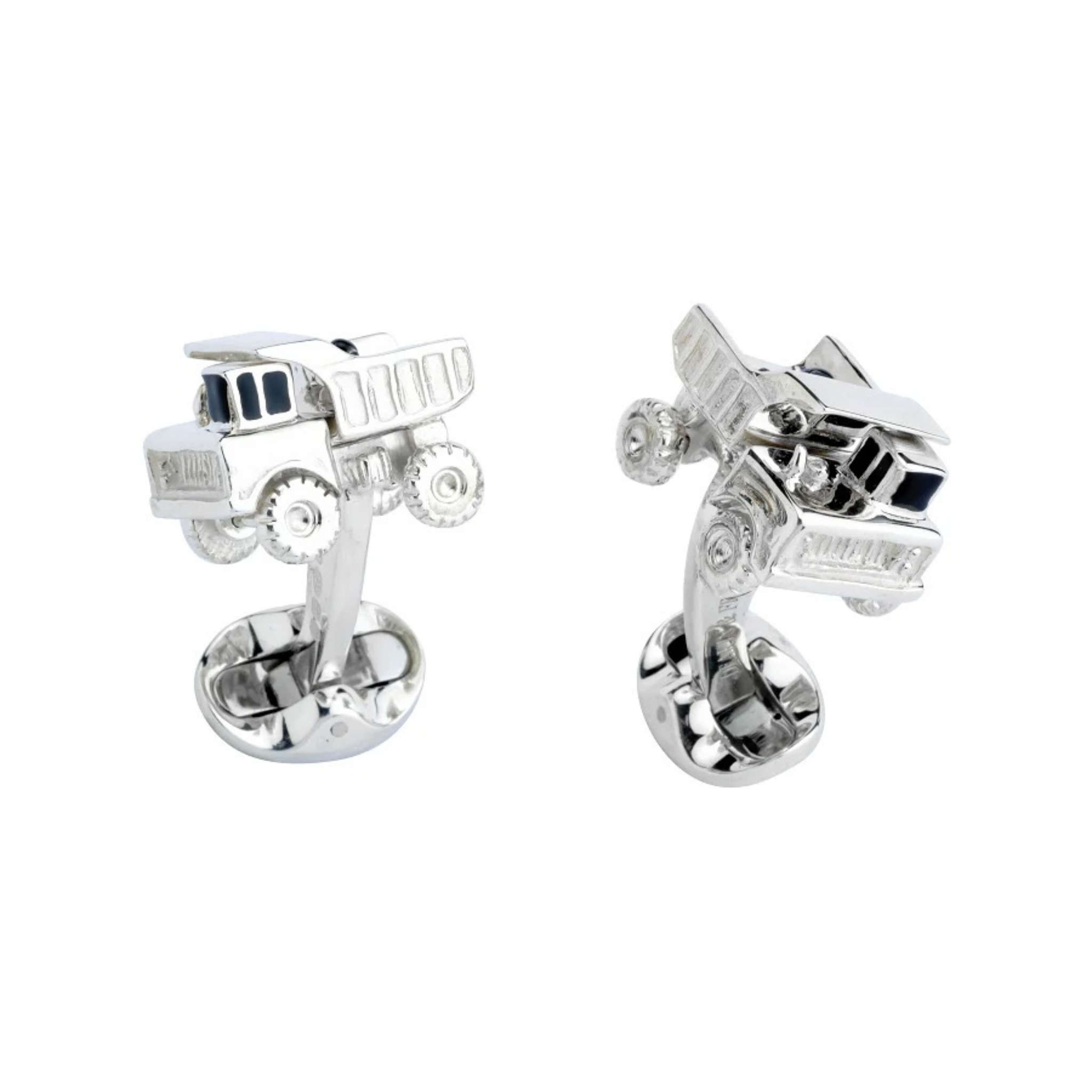 Sterling Silver Dumper Truck Cufflinks by Deakin & Francis available at Talisman Collection Fine Jewelers in El Dorado Hills, CA and online. These Sterling Silver Dumper Truck cufflinks will make you feel like a kid again. Complete with a movable bed and wheels, they're perfect for adding a playful touch to your outfit. Plus, they can be engraved for a unique touch!