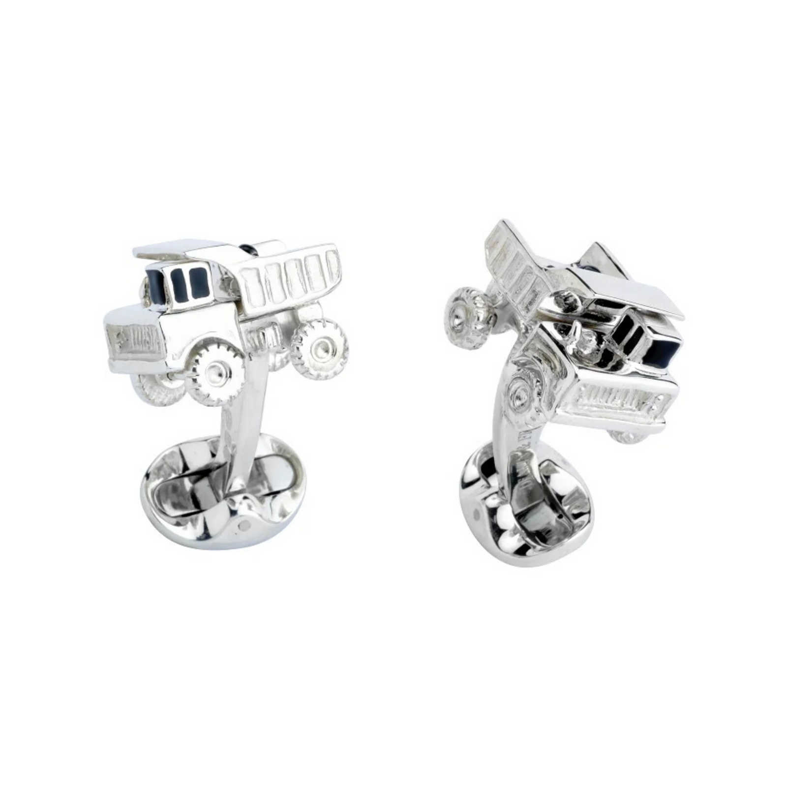Sterling Silver Dumper Truck Cufflinks by Deakin & Francis available at Talisman Collection Fine Jewelers in El Dorado Hills, CA and online. These Sterling Silver Dumper Truck cufflinks will make you feel like a kid again. Complete with a movable bed and wheels, they're perfect for adding a playful touch to your outfit. Plus, they can be engraved for a unique touch!