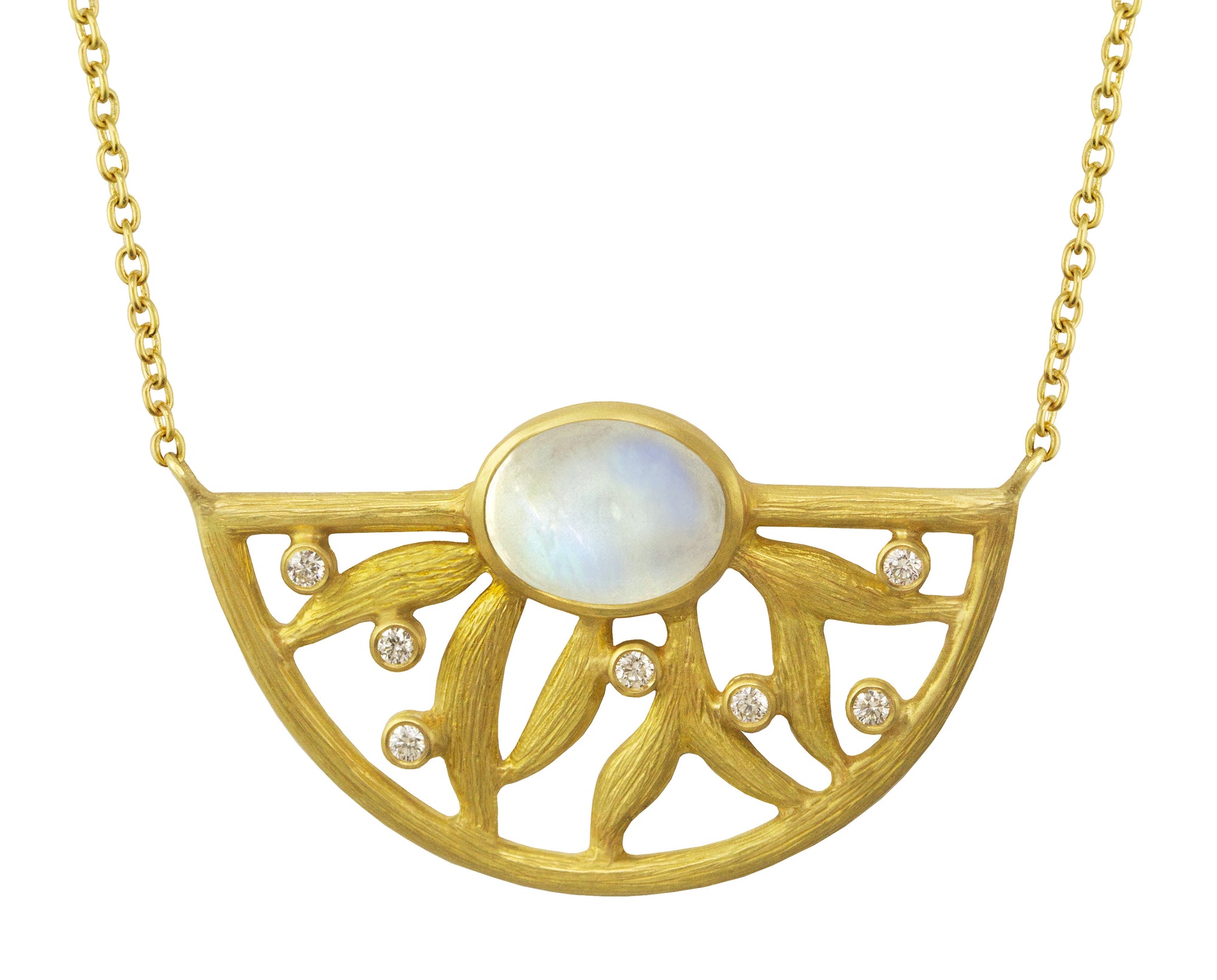 Vines Half Circle Pendant Necklace by Laurie Kaiseravailable at Talisman Collection Fine Jewelers in El Dorado Hills, CA and online. The Vines Half Circle Pendant Necklace is a work of art with a distinct Art Deco influence. Handcrafted in 18k yellow gold, this 17-inch necklace showcases a mesmerizing cabochon, rainbow moonstone at its center, accented by 0.07 carats of brilliant white round diamonds. Simply a beautiful piece that will bring you joy every time you put it on.