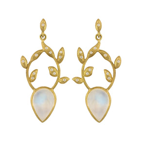 Rainbow Moonstone Leaf Top Earrings by Laurie Kaiseavailable at Talisman Collection Fine Jewelers in El Dorado Hills, CA and online.  Introducing our exquisite Rainbow Moonstone Leaf Top Earrings, a stunning showcase of natural elegance. These classic earrings feature cabochon pear-cut rainbow moonstones delicately dangling from 18k gold leafy vines, beautifully accented with 0.11 carats of brilliant white round diamonds. With secure post backs, these earrings offer both timeless style and ease of wear.