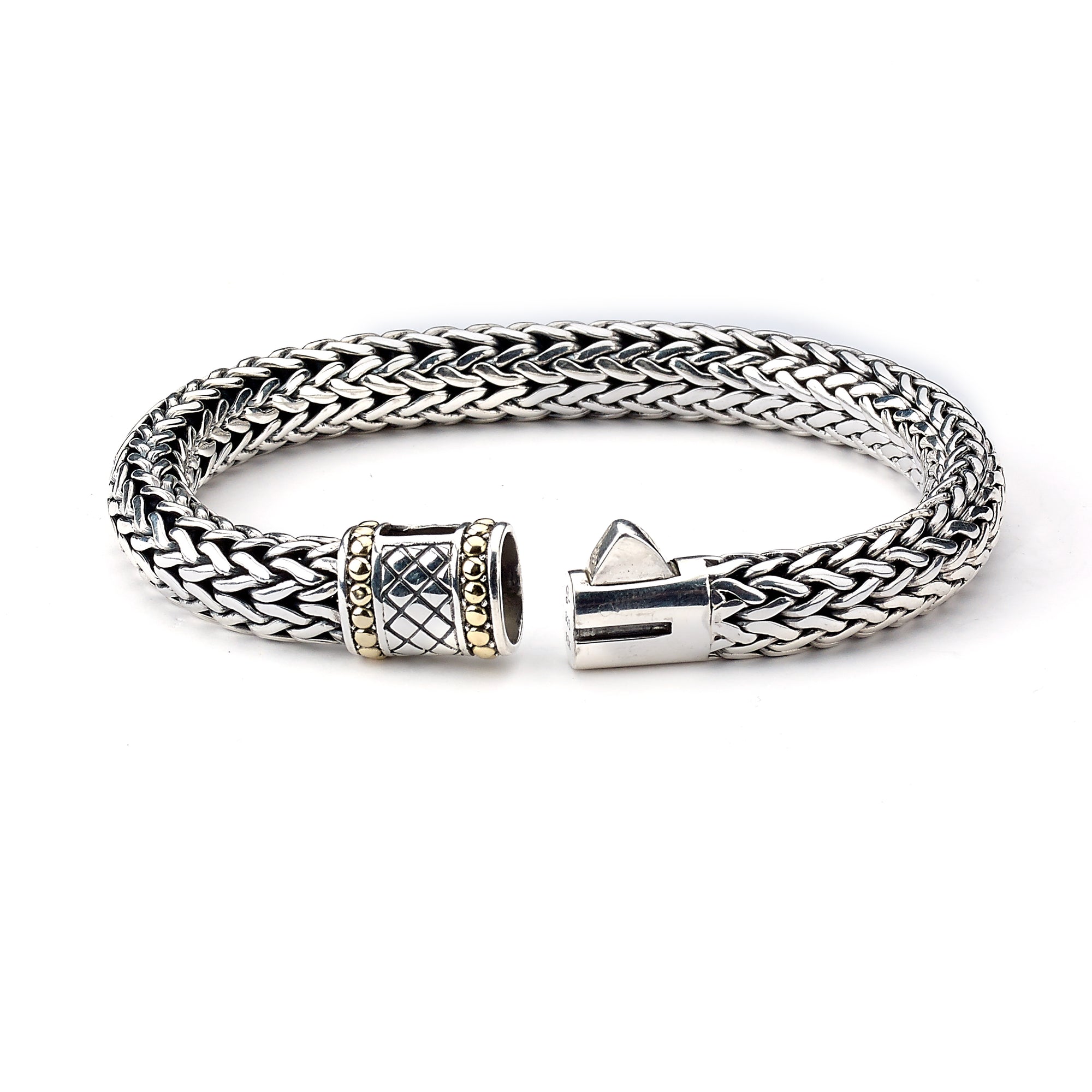 Bamboo Palm Men's Bracelet available at Talisman Collection Fine Jewelers in El Dorado Hills, CA and online. Specs: Bamboo Palm Bracelet crafted in Sterling Silver with 18k gold accents. 8.5"