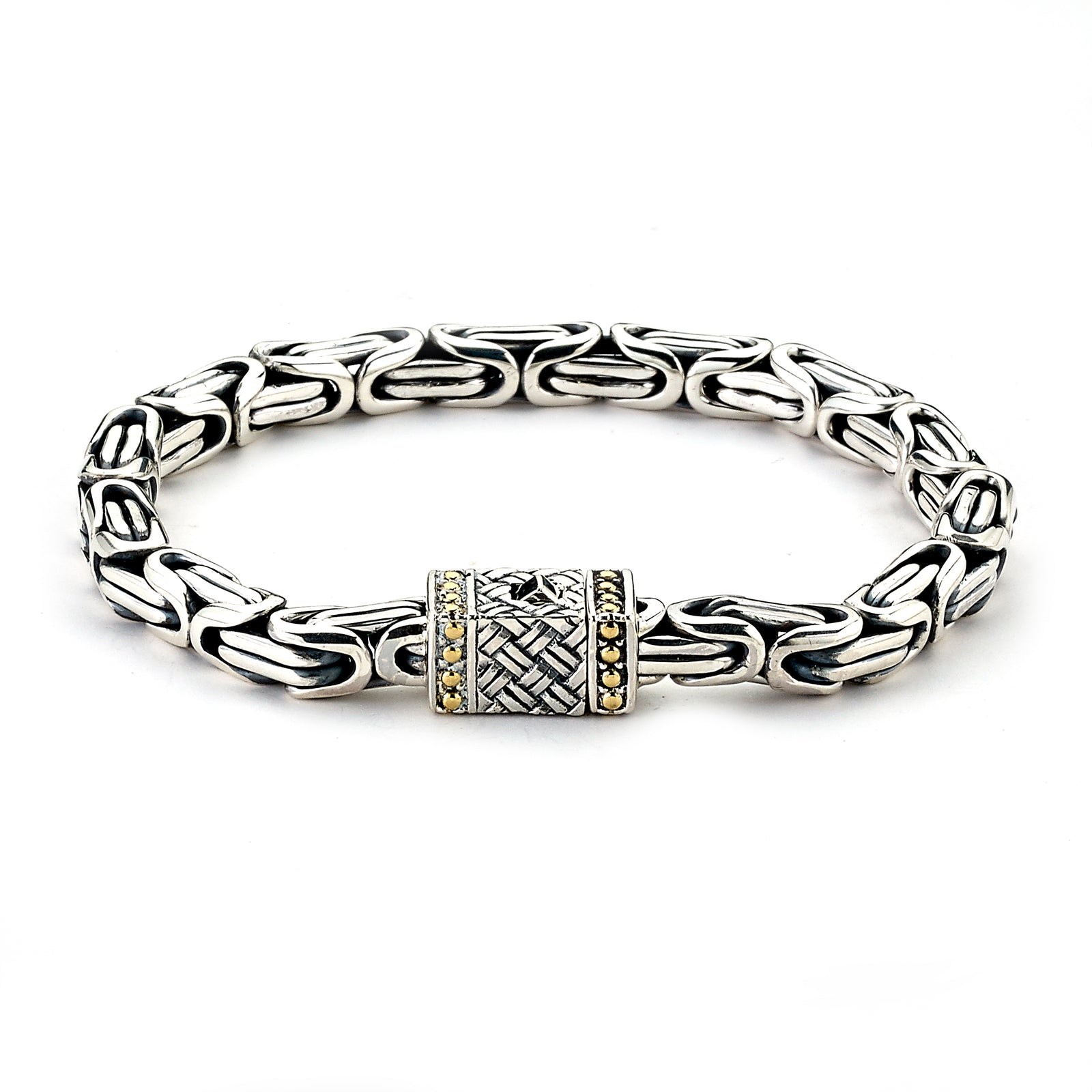 Embargo Bracelet available at Talisman Collection Fine Jewelers in El Dorado Hills, CA and online. Specs: Embargo Bracelet crafted in Sterling Silver and 18k gold features a Byzantine design with box lock. 8" long. 