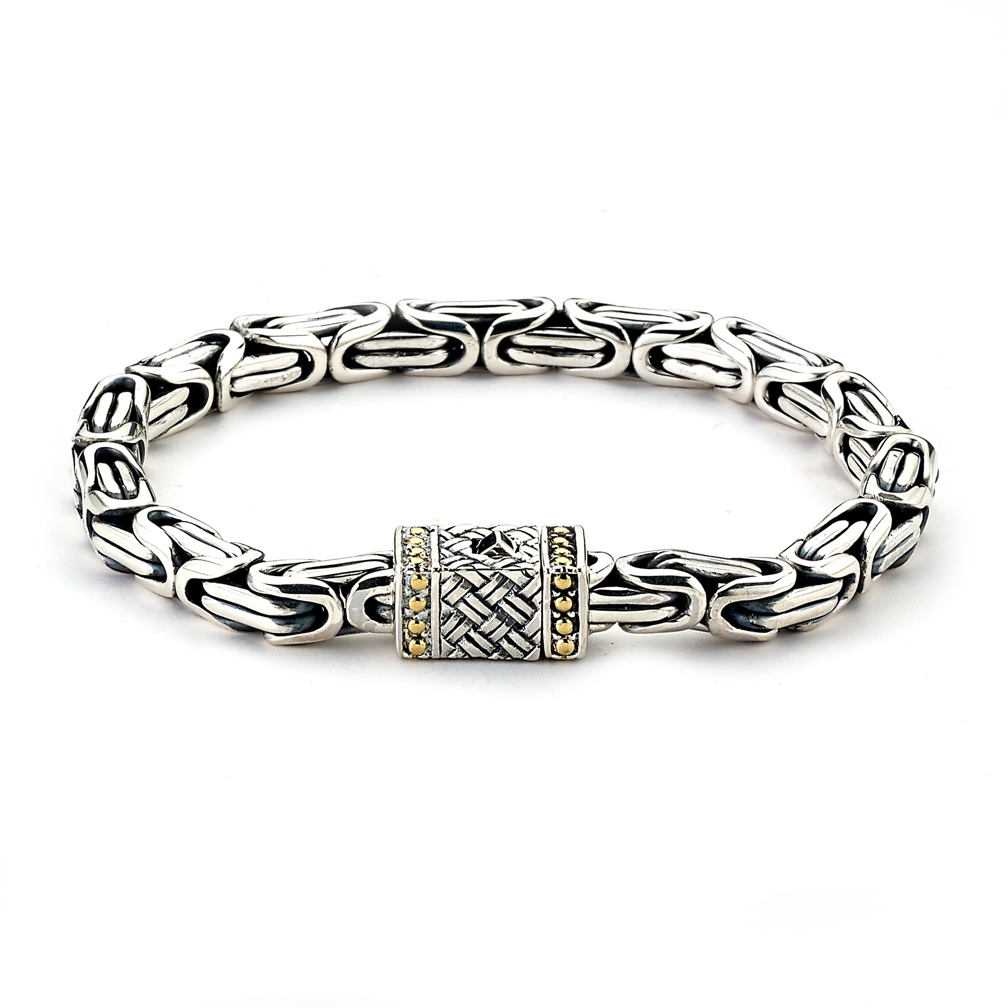 Embargo Bracelet available at Talisman Collection Fine Jewelers in El Dorado Hills, CA and online. Specs: Embargo Bracelet crafted in Sterling Silver and 18k gold features a Byzantine design with box lock. 8" long. 