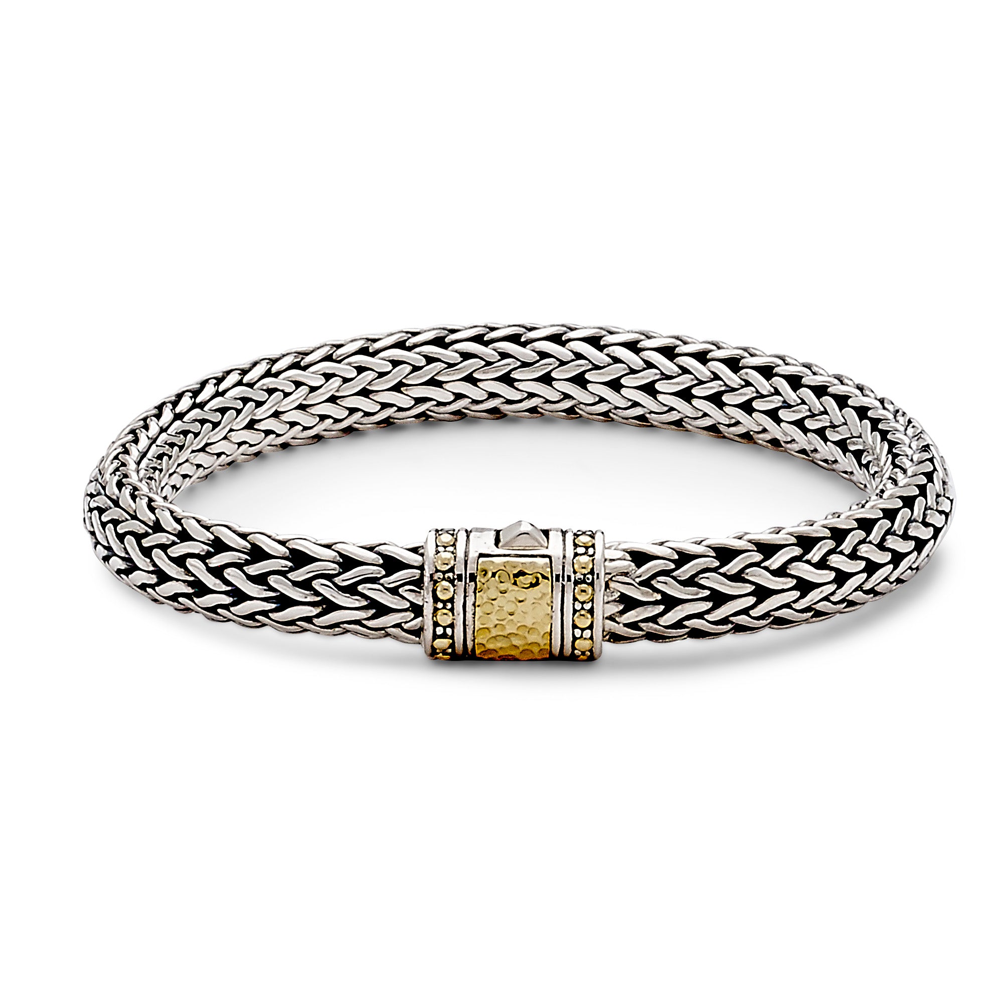 Emas Bracelet available at Talisman Collection Fine Jewelers in El Dorado Hills, CA and online. Specs:  Emas Bracelet crafted in Sterling Silver and 18k hammered gold, 6x8mm, 8". 