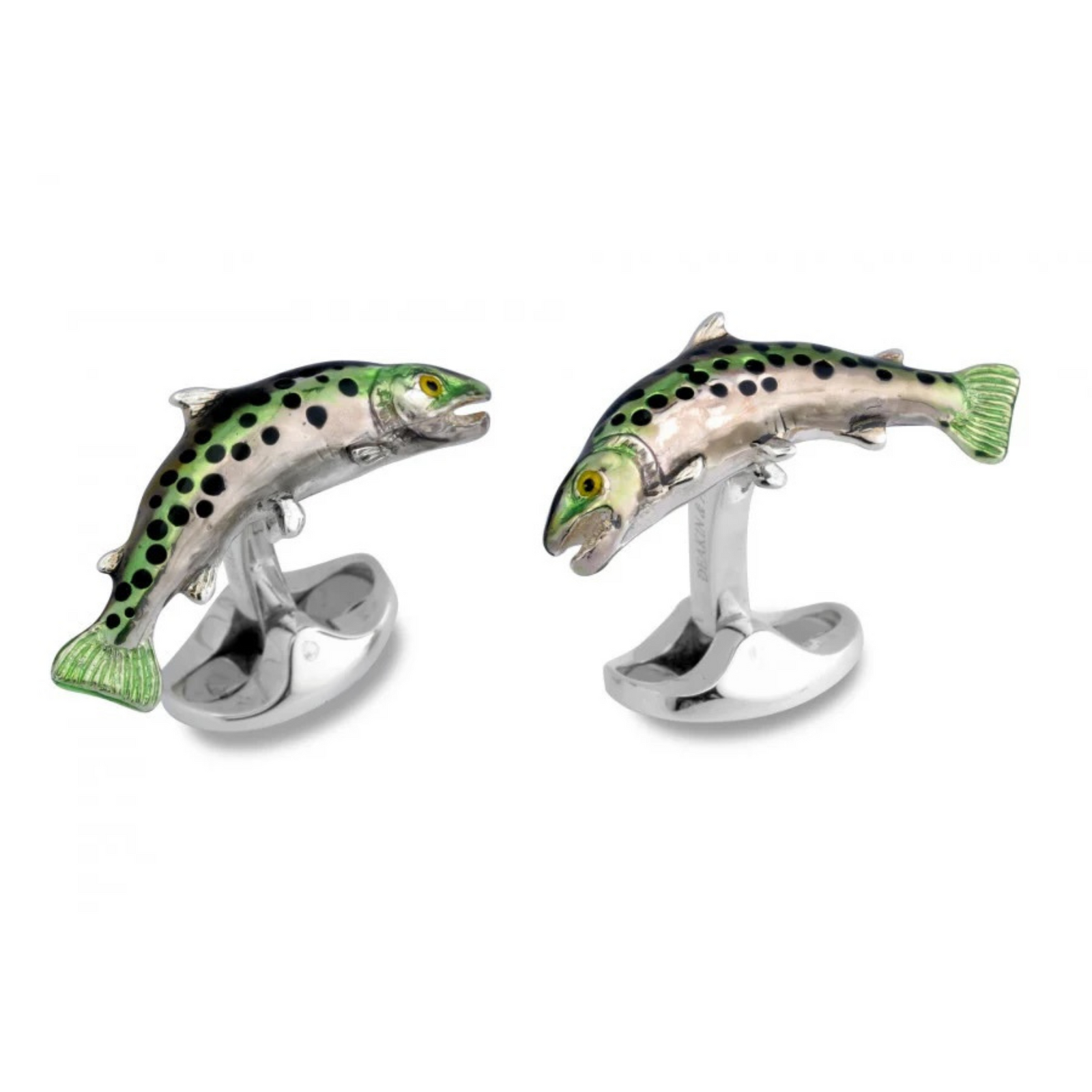 Sterling Silver Trout Cufflinks by Deakin & Francis available at Talisman Collection Fine Jewelers in El Dorado Hills, CA and online. Reel in those compliments with these Deakin &amp; Francis Sterling Silver Trout Cufflinks! A playful nod to the sporting fisherman, these cufflinks feature a vibrant enamel finish and engravable backs. Perfect for any fishing fan!