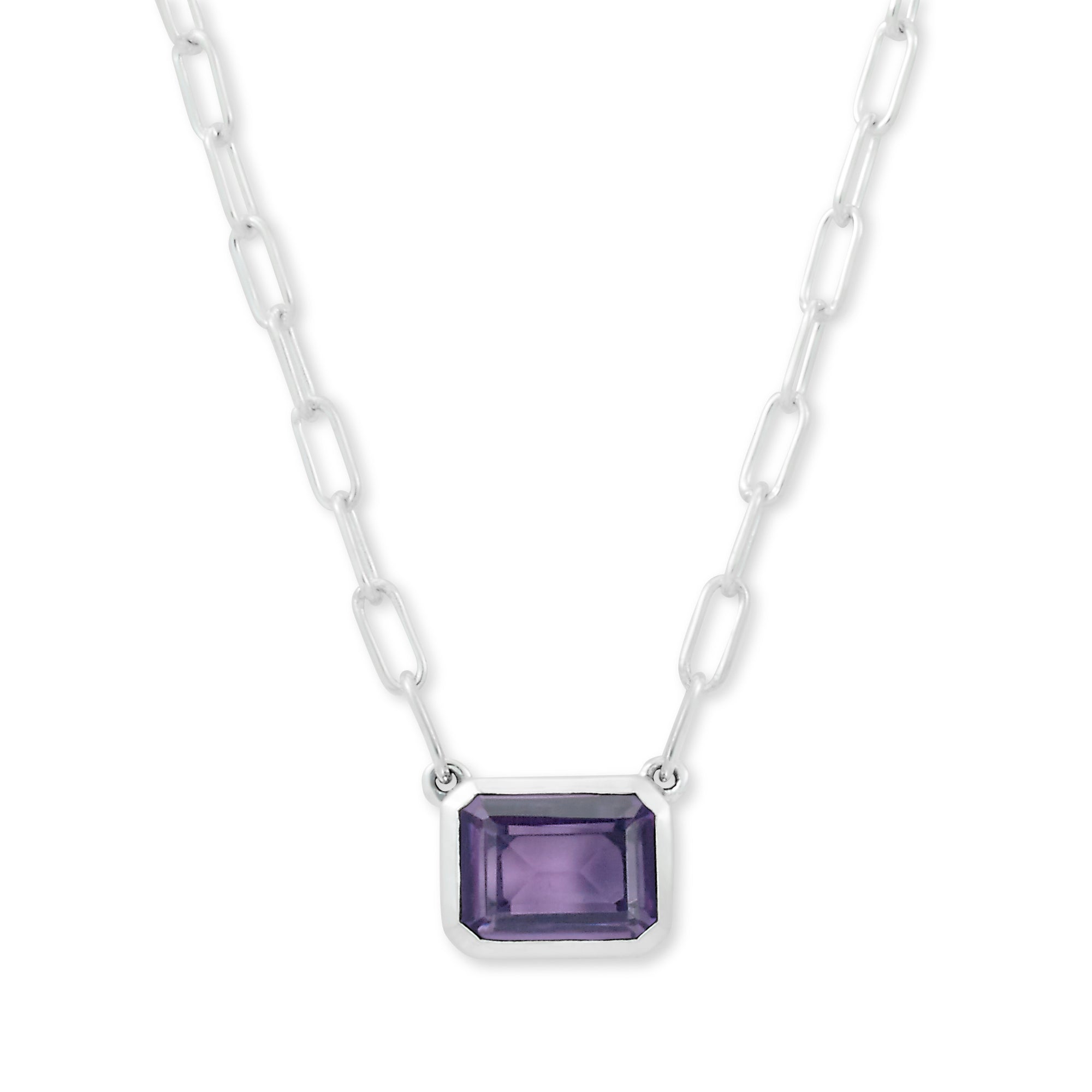 Amethyst Eirini Necklace available at Talisman Collection Fine Jewelers in El Dorado Hills, CA and online. Specs: Amethyst Eirini Necklace features an emerald-cut amethyst solitaire measuring 7x9mm, and is set in Sterling Silver.