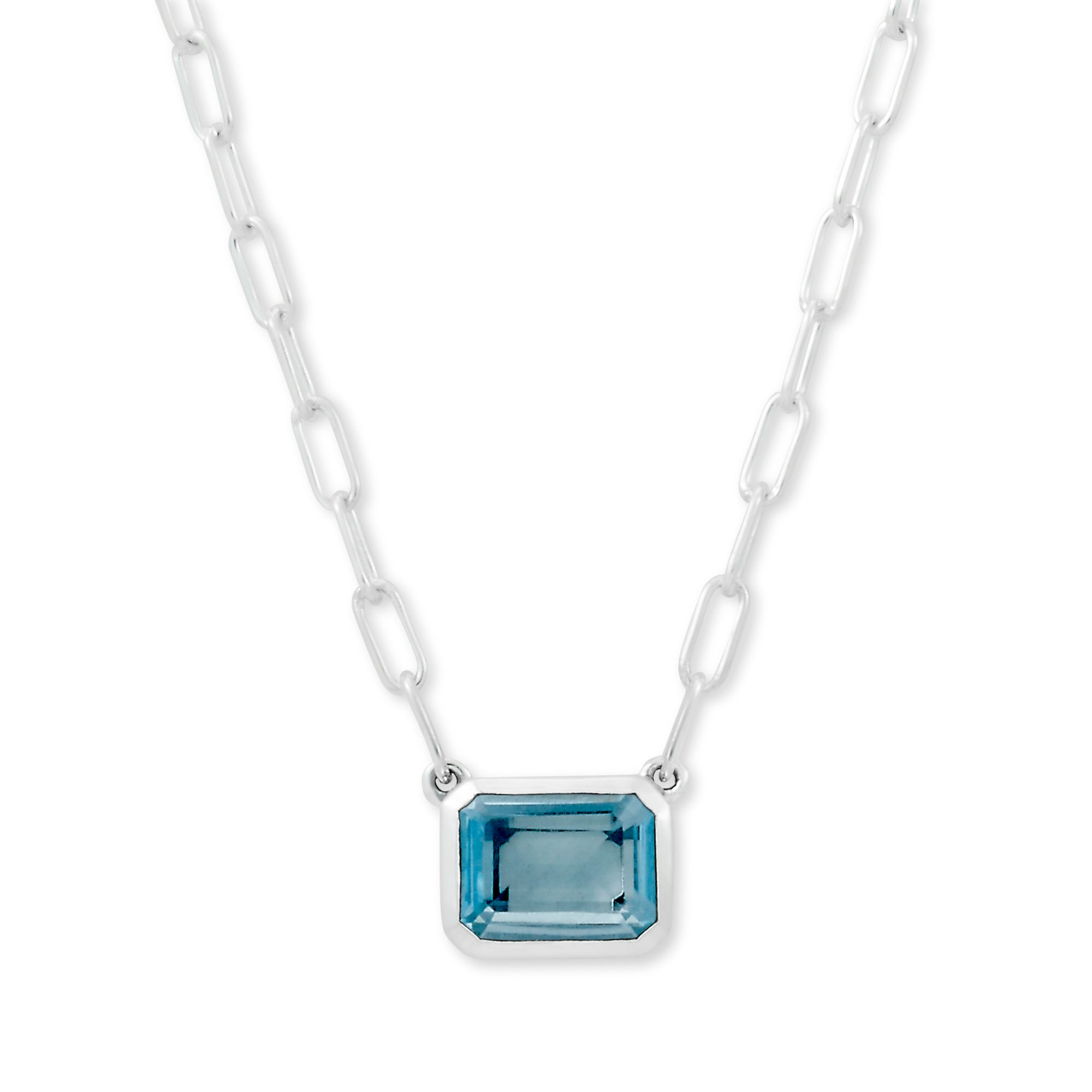 Blue Topaz Eirini Necklace available at Talisman Collection Fine Jewelers in El Dorado Hills, CA and online. Specs: Blue Topaz Eirini Necklace features an emerald-cut blue topaz solitaire measuring 7x9mm, set in Sterling Silver