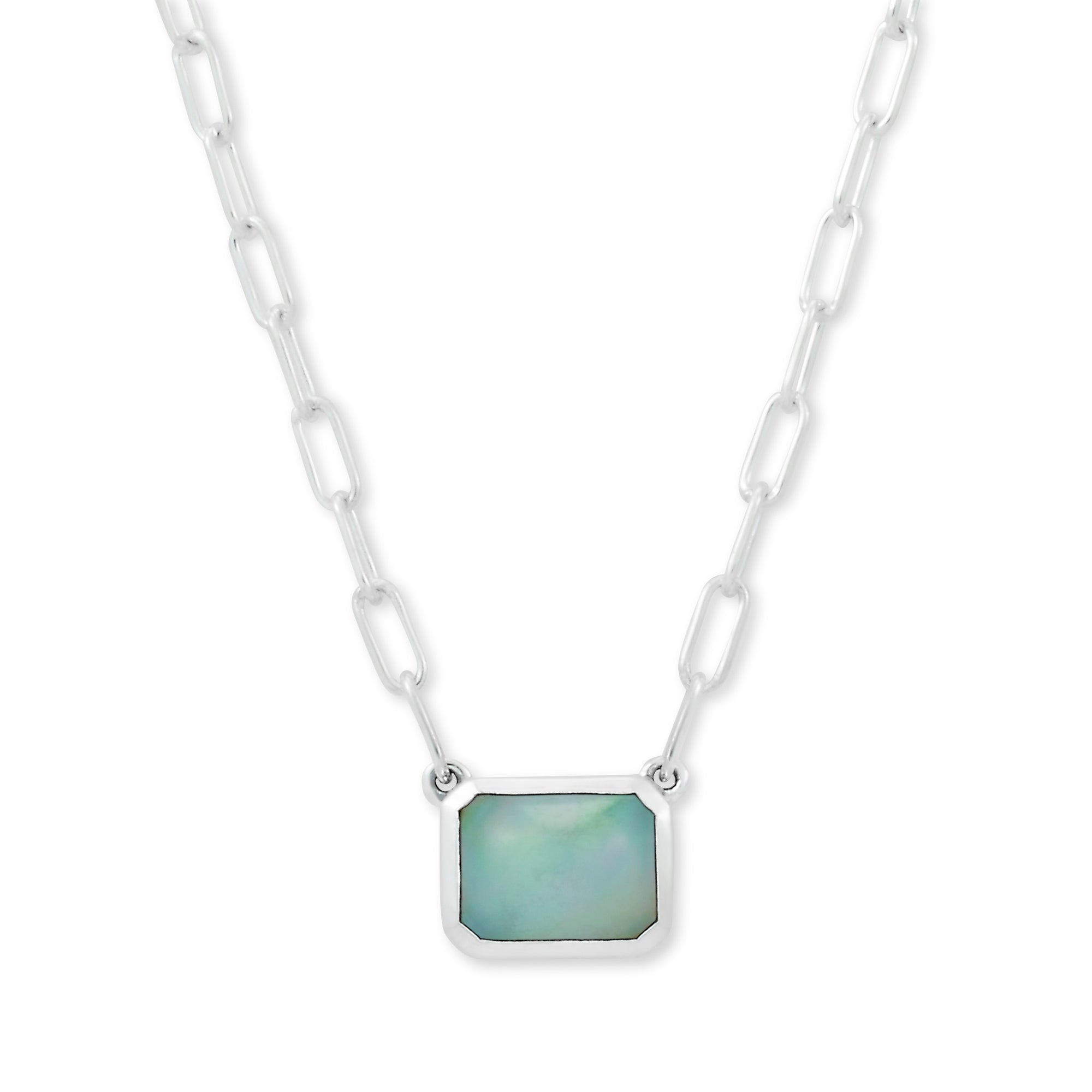 Opal Eirini Necklace available at Talisman Collection Fine Jewelers in El Dorado Hills, CA and online. Specs: Opal Eirini Necklace features an emerald-cut opal solitaire measuring 7x9mm, and is set in Sterling Silver
