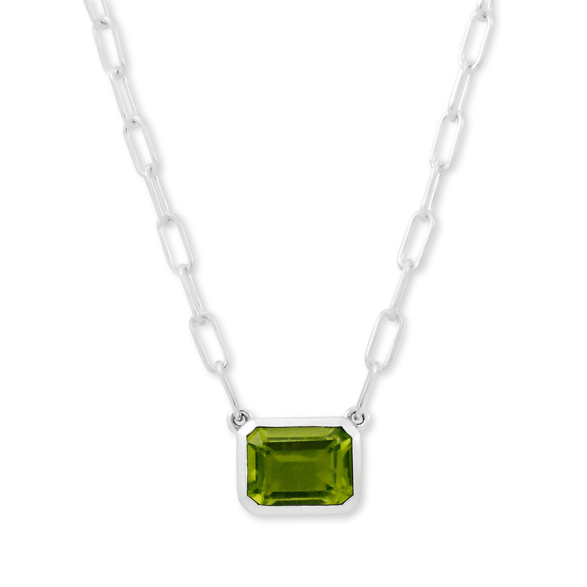 Peridot Eirini Necklace available at Talisman Collection Fine Jewelers in El Dorado Hills, CA and online. Specs: Peridot Eirini Necklace features an emerald-cut peridot measuring 7x9mm and is set in Sterling Silver.