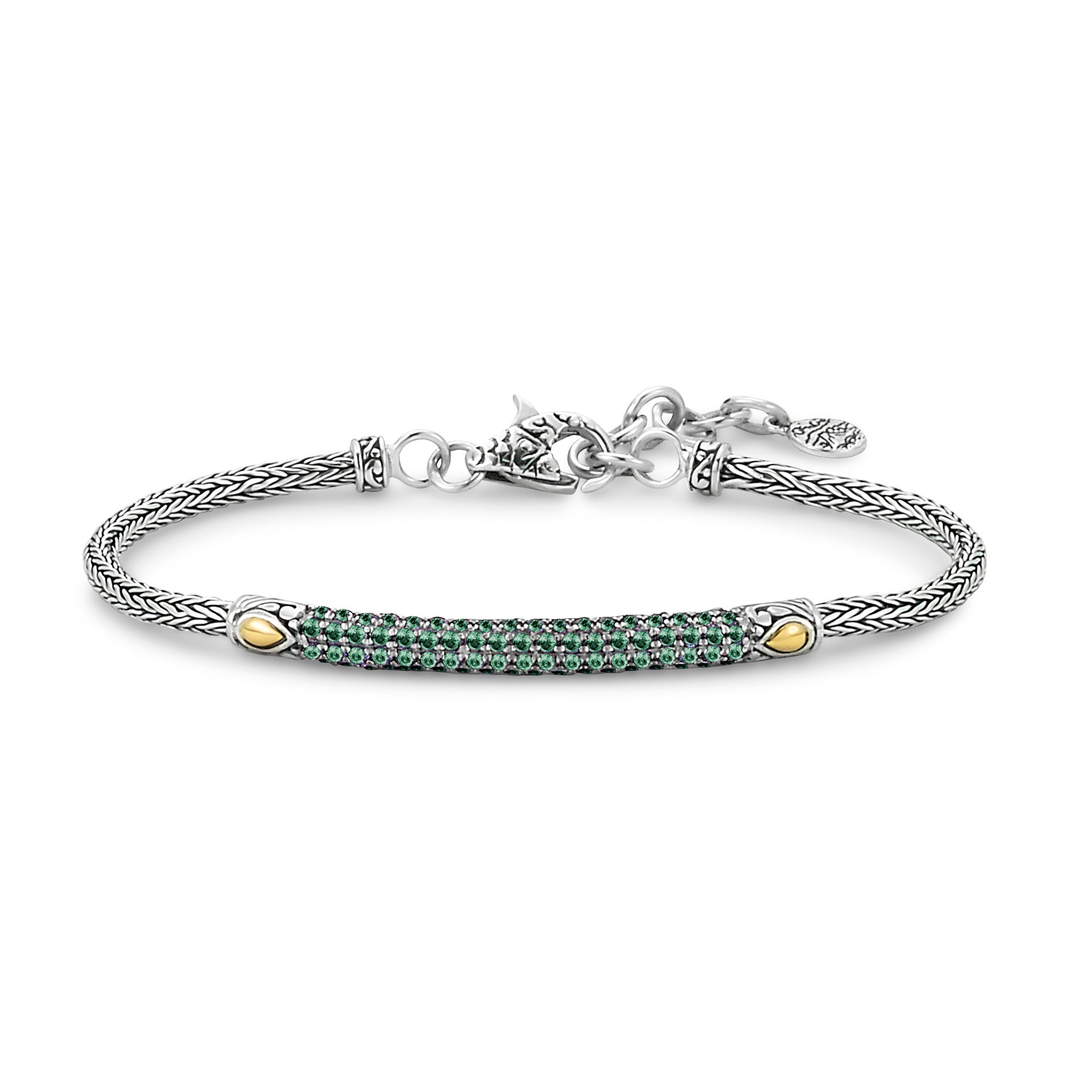 Emerald Glitter Bracelet available at Talisman Collection Fine Jewelers in El Dorado Hills, CA and online. Specs: Sterling Silver, 18k gold, pave emeralds.