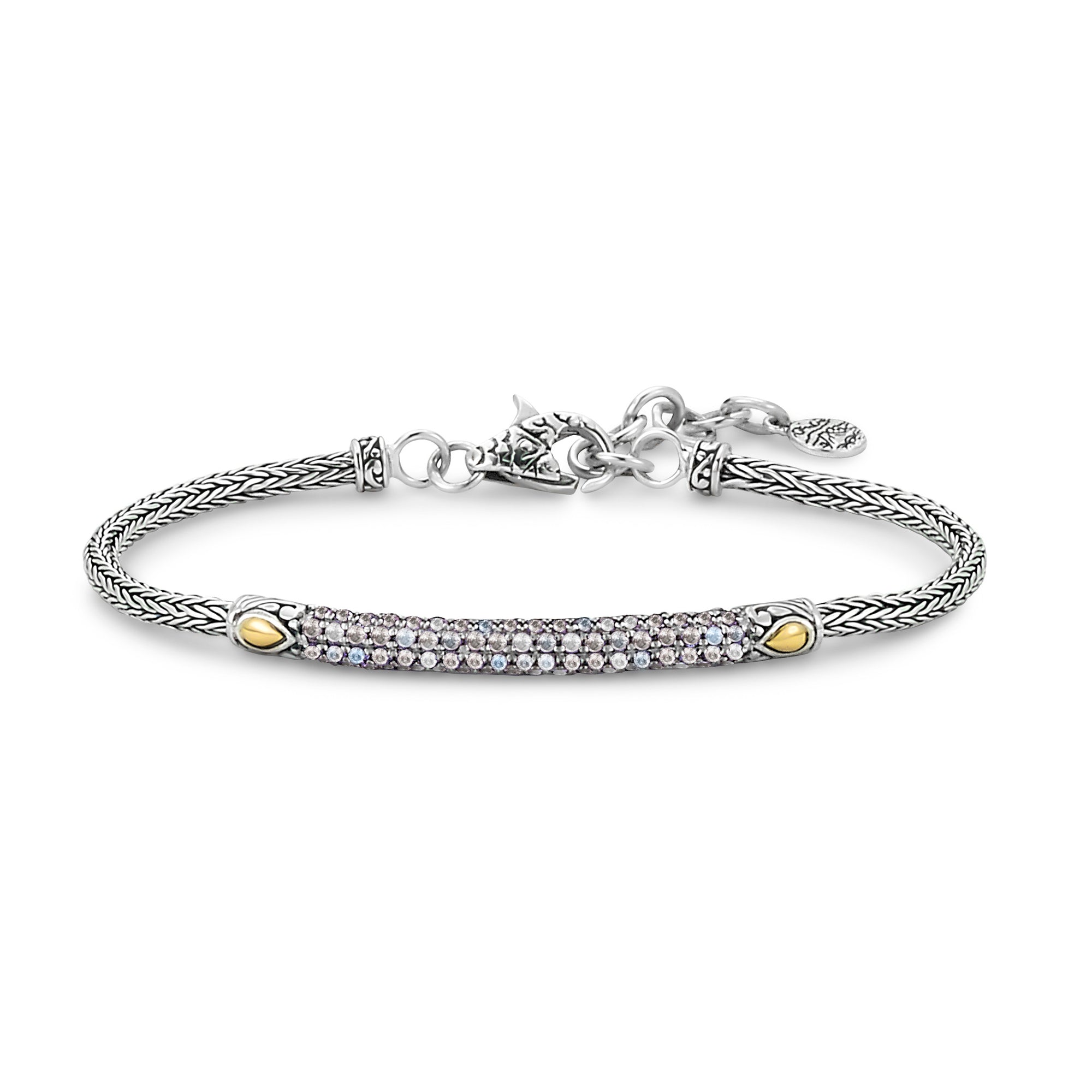 Rainbow Moonstone Glitter Bracelet available at Talisman Collection Fine Jewelers in El Dorado Hills, CA and online. Specs: Sterling Silver, 18k gold, pave rainbow moonstone.