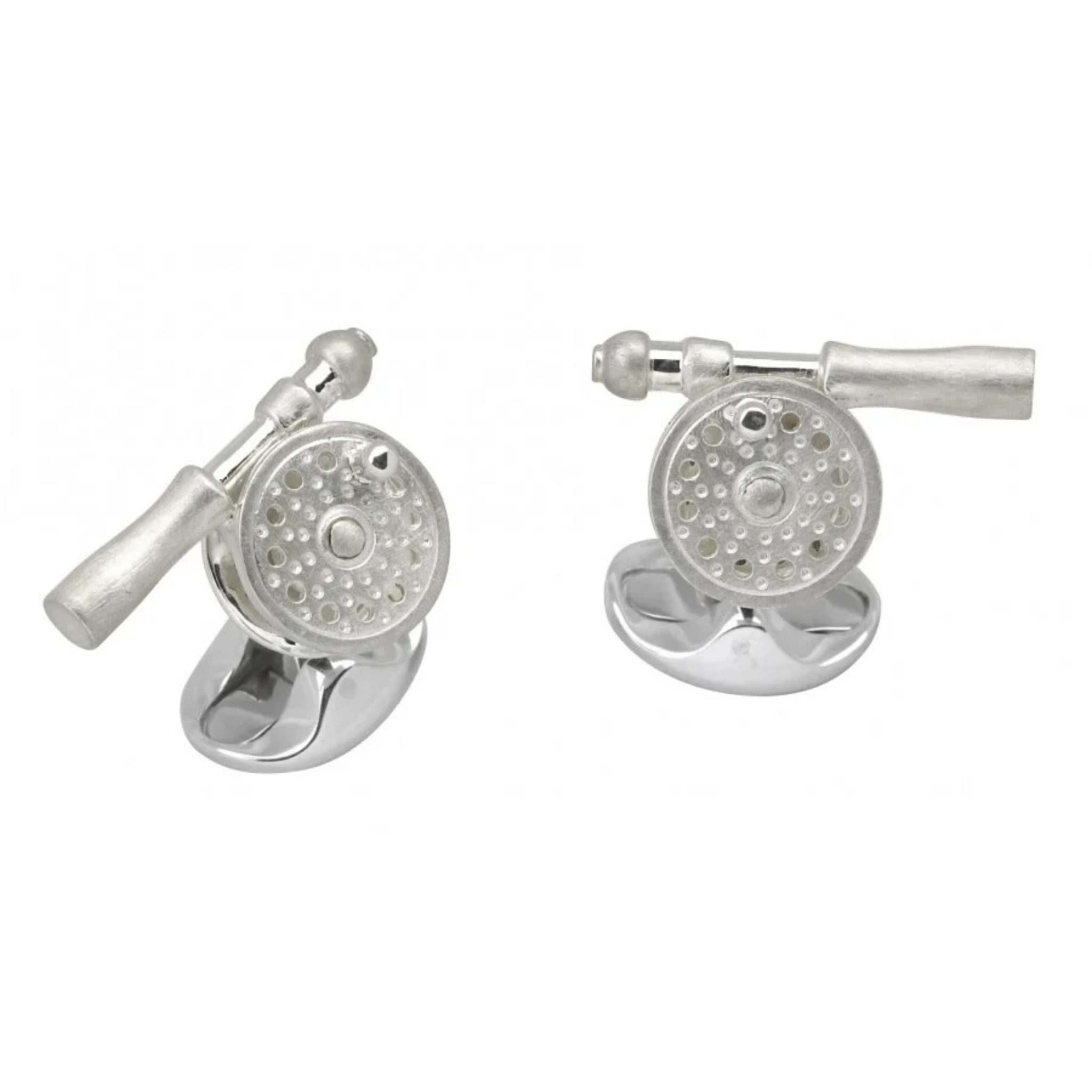 Sterling Silver Fly Fishing Reel Cufflinks by Deakin & Francis available at Talisman Collection Fine Jewelers in El Dorado Hills, CA and online. Be it the peaceful waters of the Lake District or the renowned Lochs of Scotland, don't forget to bring your wellies, rod, and beloved fishing cufflinks for a dapper look that will surely lure in admirers! Crafted from top-quality sterling silver, these exquisite cufflinks are engravable and bound to hook you in.