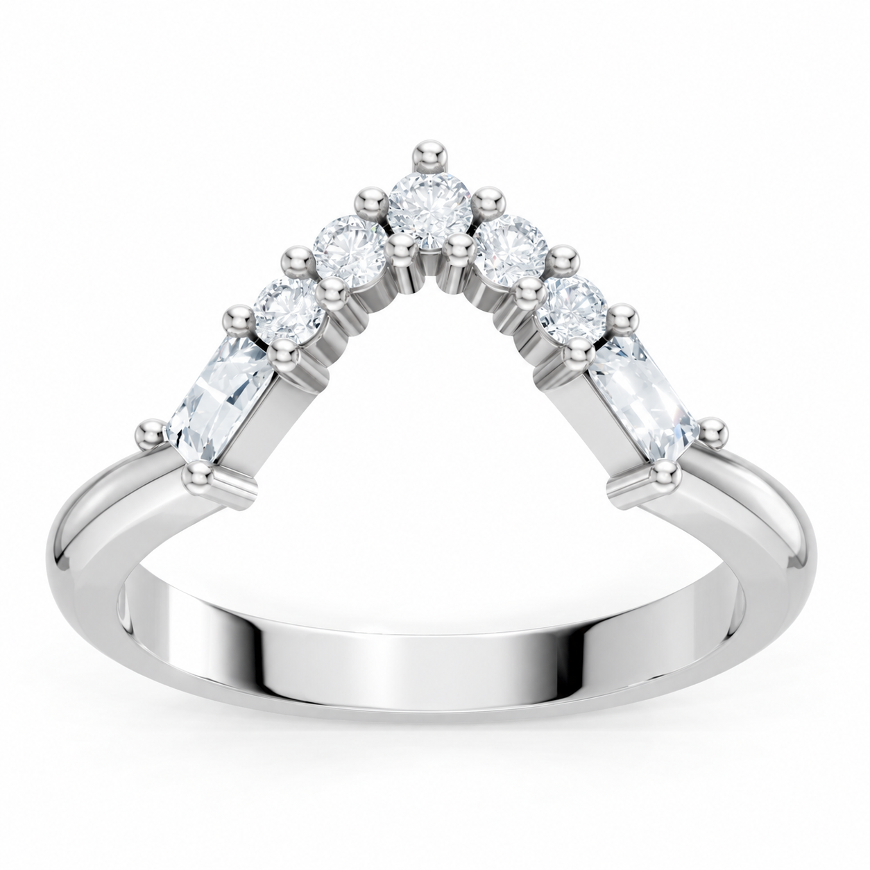 14K White Gold Lab Grown Round & Baguette Diamond Chevron Band