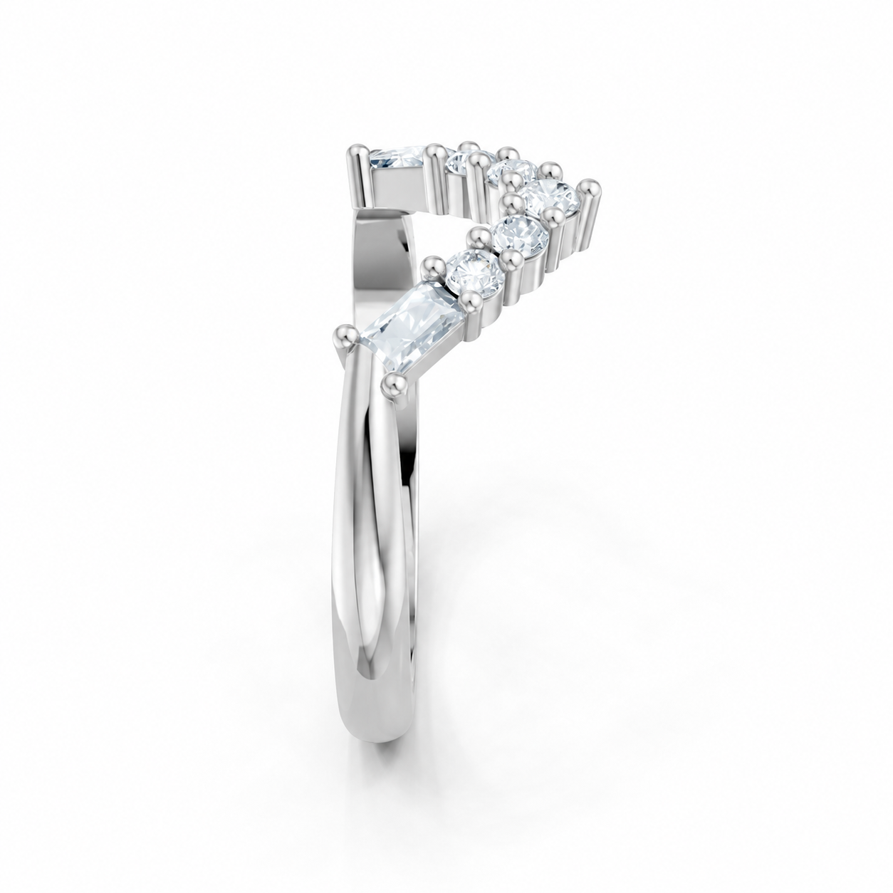 14K White Gold Lab Grown Round & Baguette Diamond Chevron Band