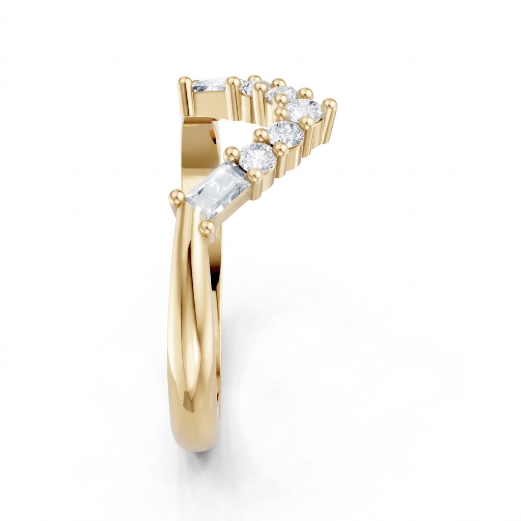 14K Yellow Gold Lab-Grown Round and Baguette Diamond Chevron Band